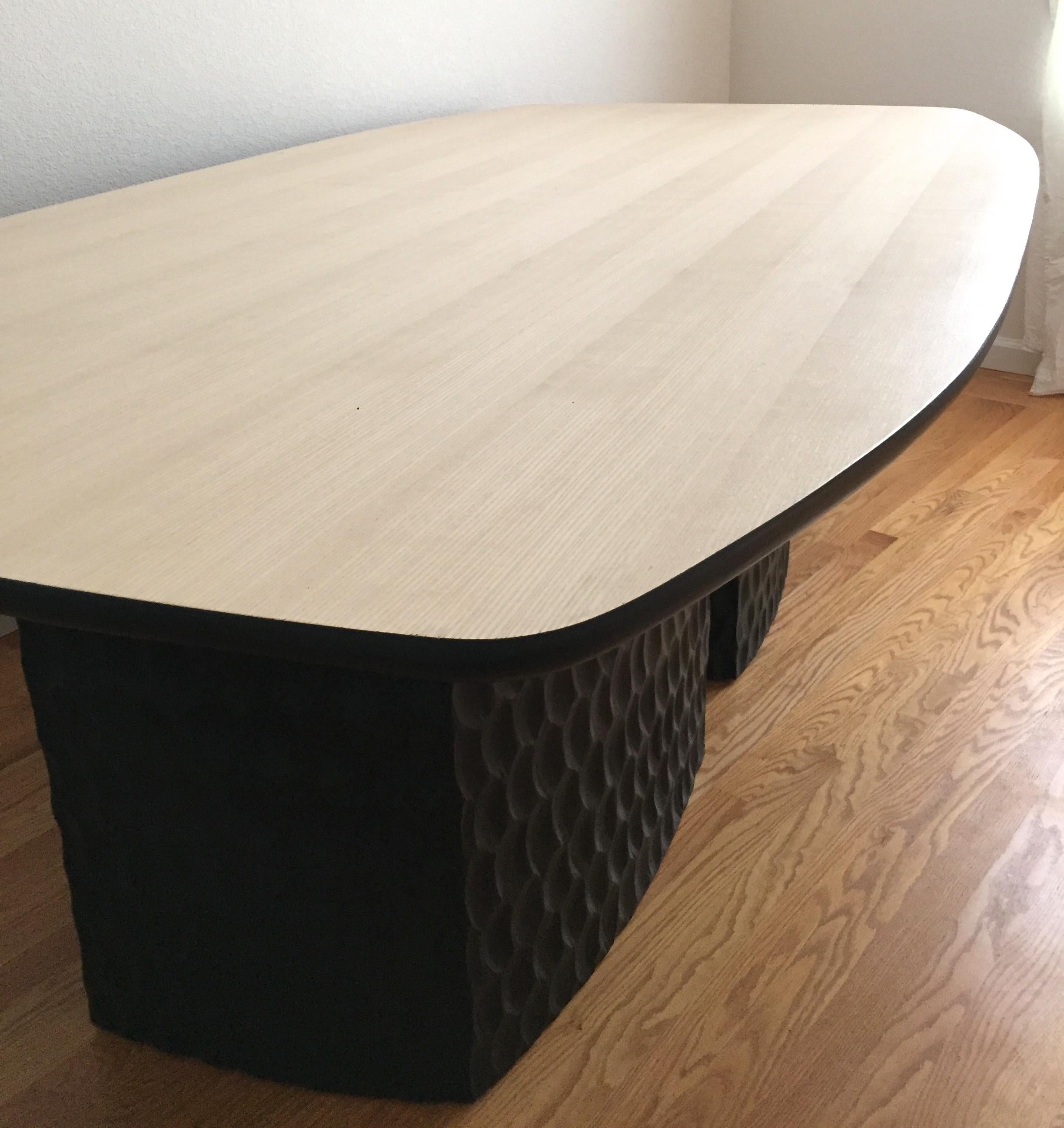 Contemporary Sculptural Muir Dining Table White Ash Veneer Top and Carved Black Wood Base For Sale