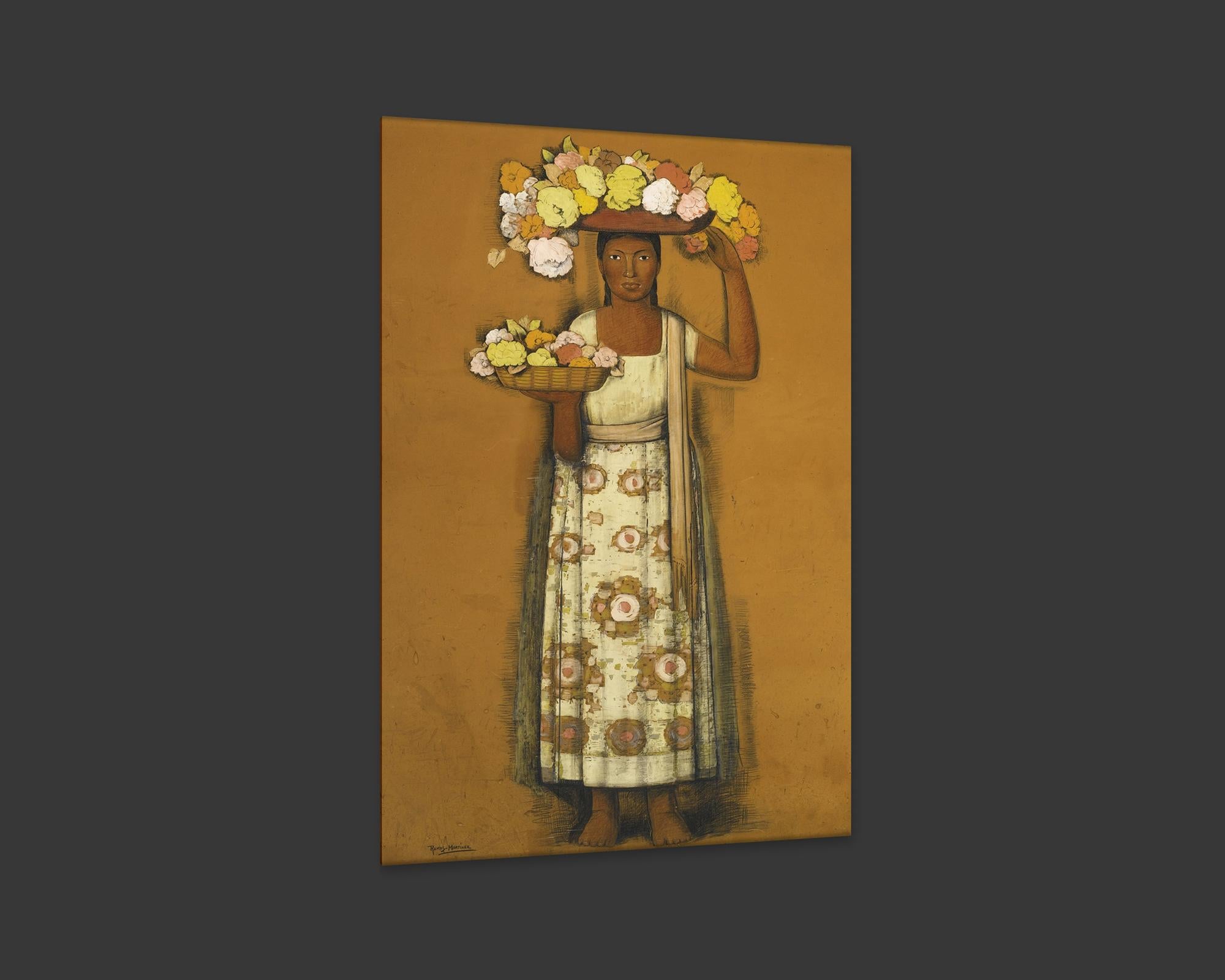 Mexican Mujer con Flores, after Spanish Colonial Oil Painting by Alfredo Ramos Martínez For Sale