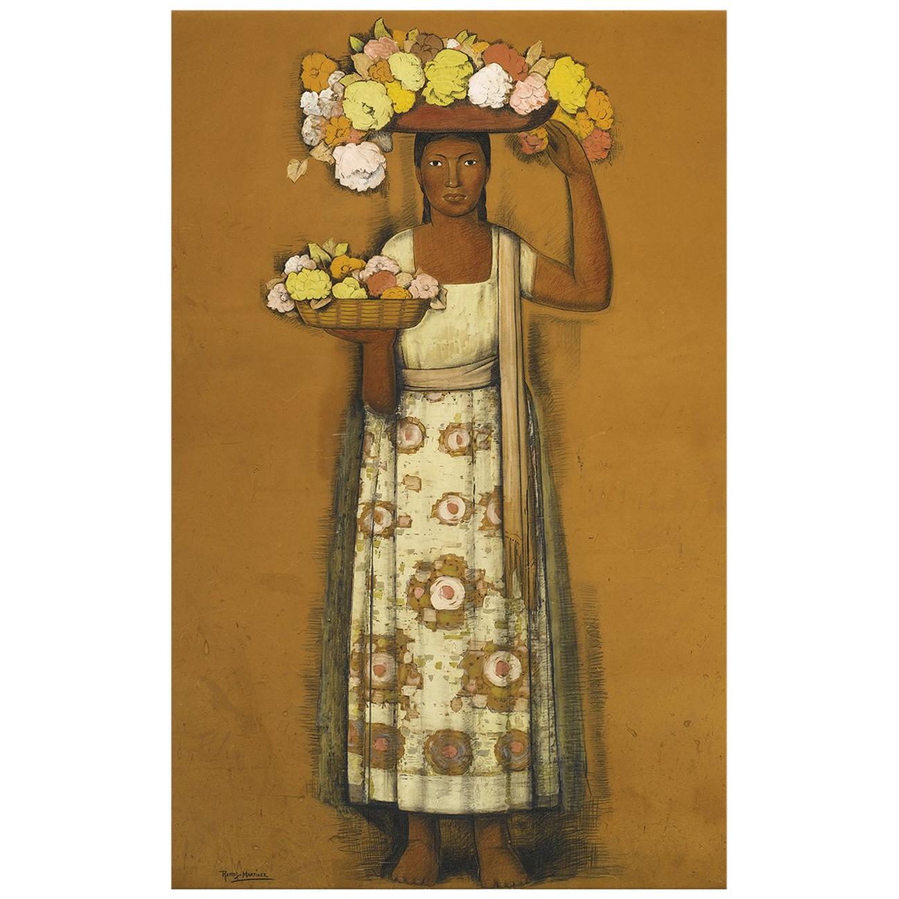 Mujer con Flores, after Spanish Colonial Oil Painting by Alfredo Ramos Martínez For Sale