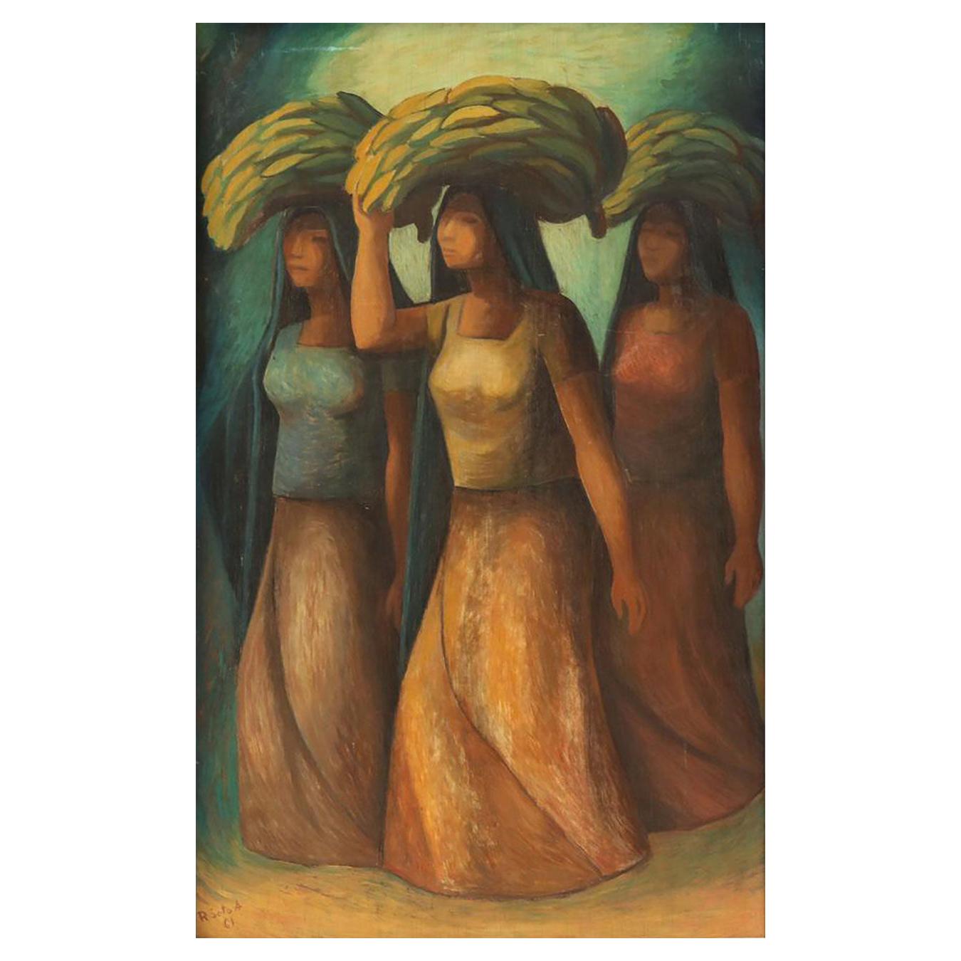 "Mujeres Vendedoras, " Oil on Board by Rosendo Soto