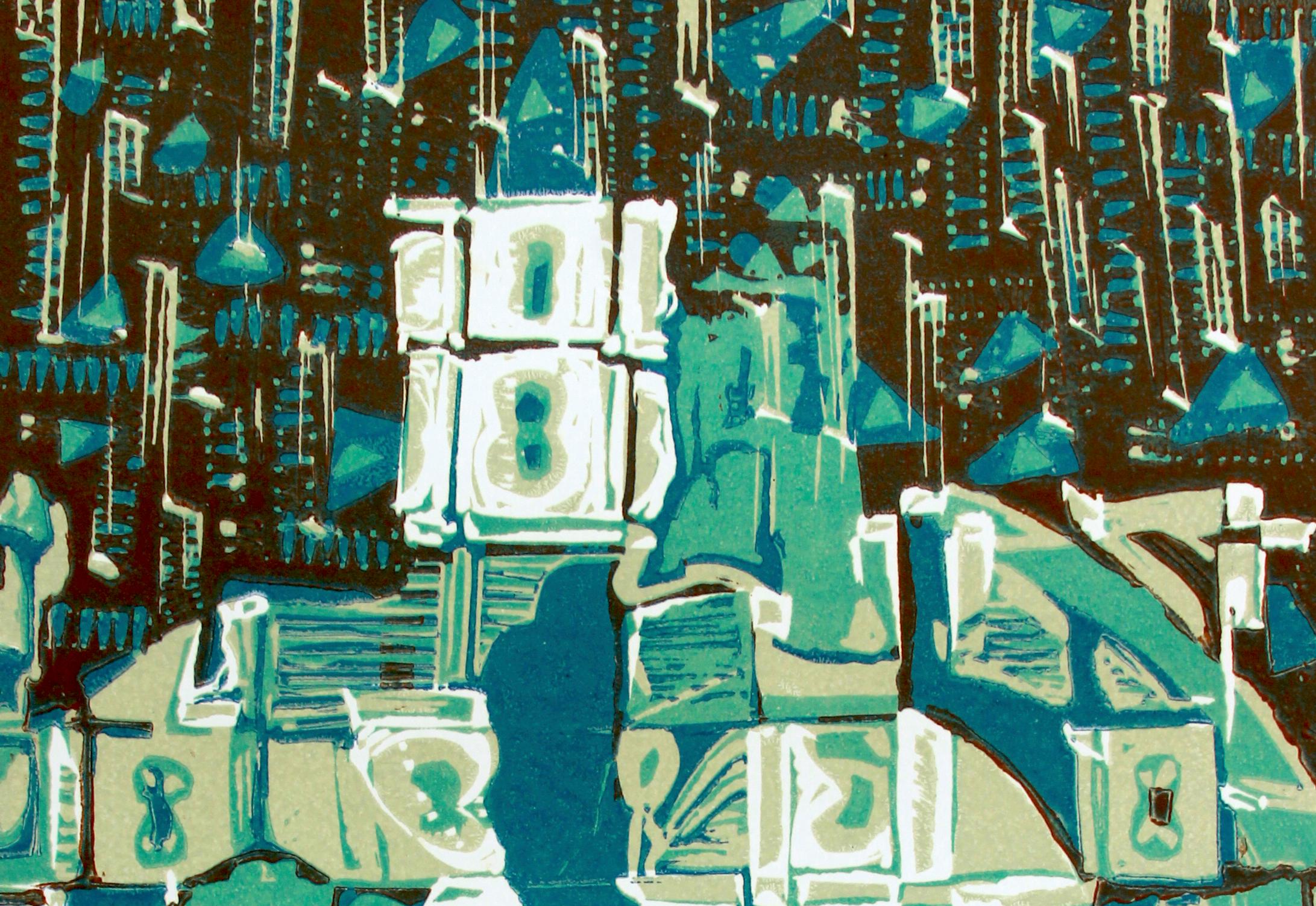 Abstract India Edition 3/5 Linocut Print Green Blue Turquoise Architectural For Sale 8