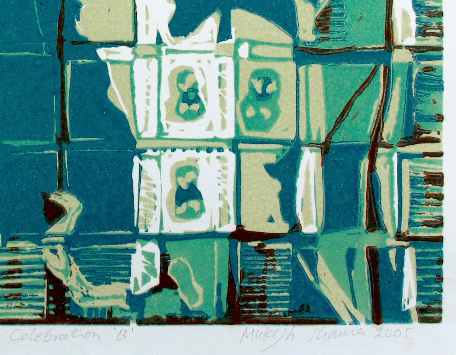 Édition abstraite de l'Inde 3/5 Impression en linogravure Vert Bleu Turquoise Architectural - Print de Mukesh Sharma