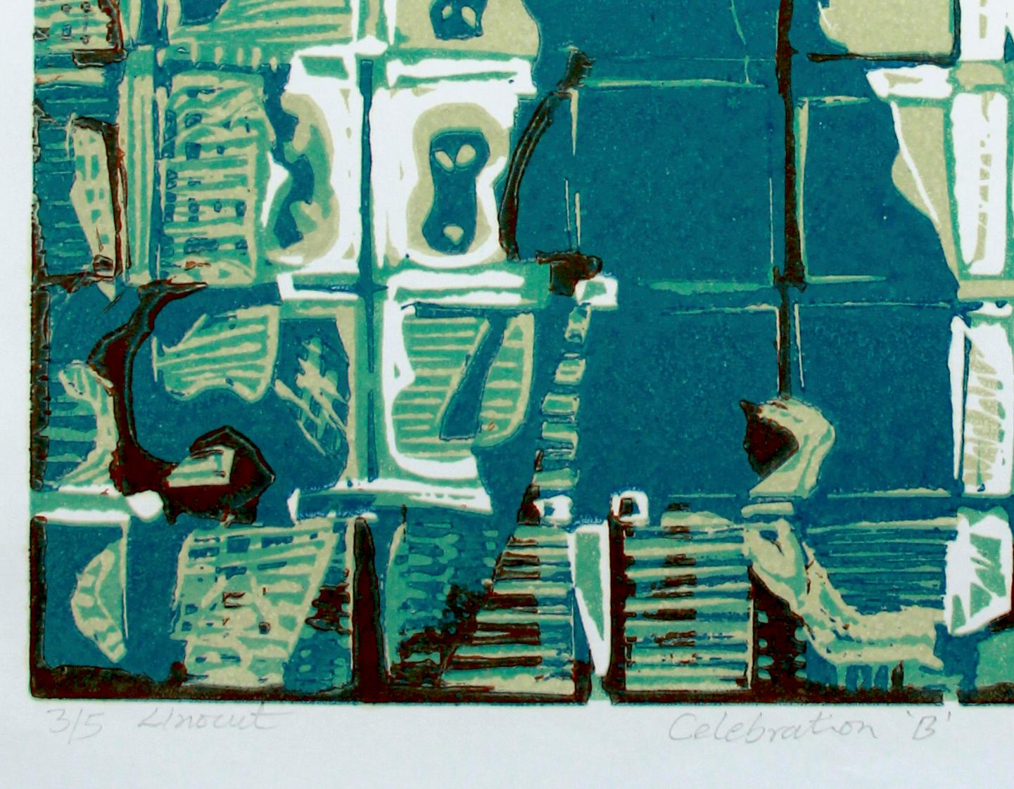 Édition abstraite de l'Inde 3/5 Impression en linogravure Vert Bleu Turquoise Architectural en vente 1