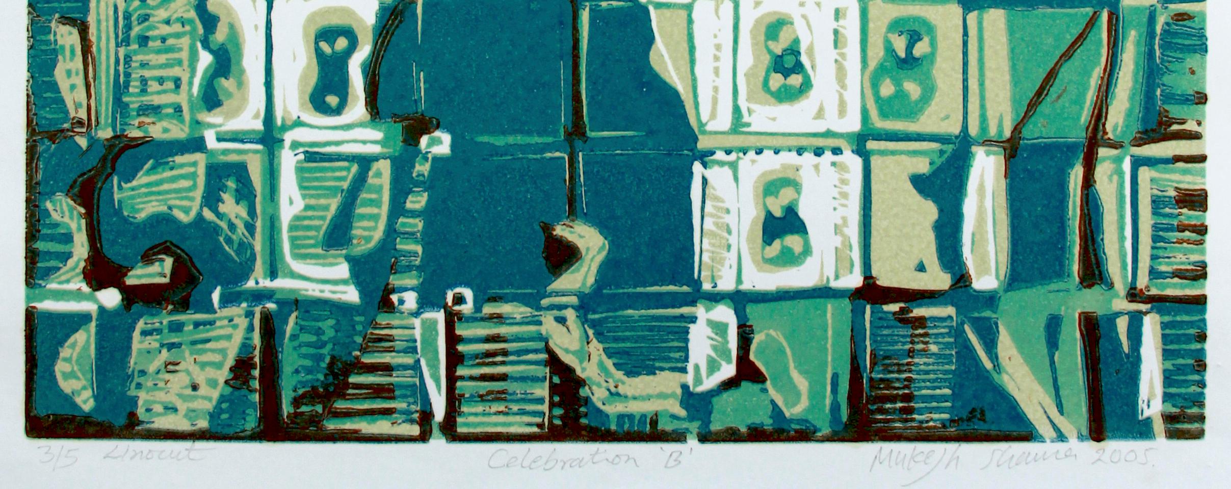 Abstract India Edition 3/5 Linocut Print Green Blue Turquoise Architectural For Sale 4