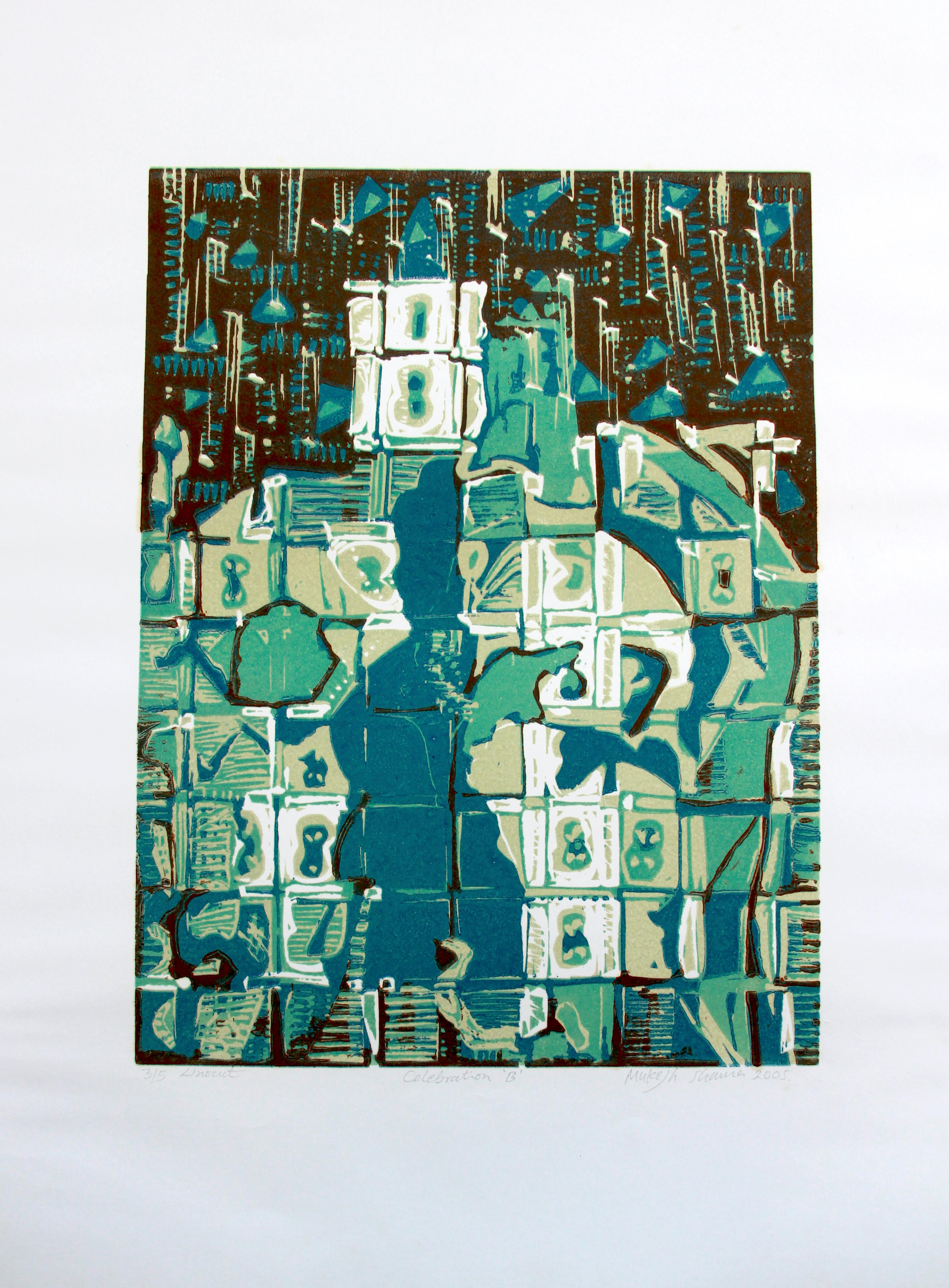 Abstract India Edition 3/5 Linocut Print Green Blue Turquoise Architectural For Sale 6
