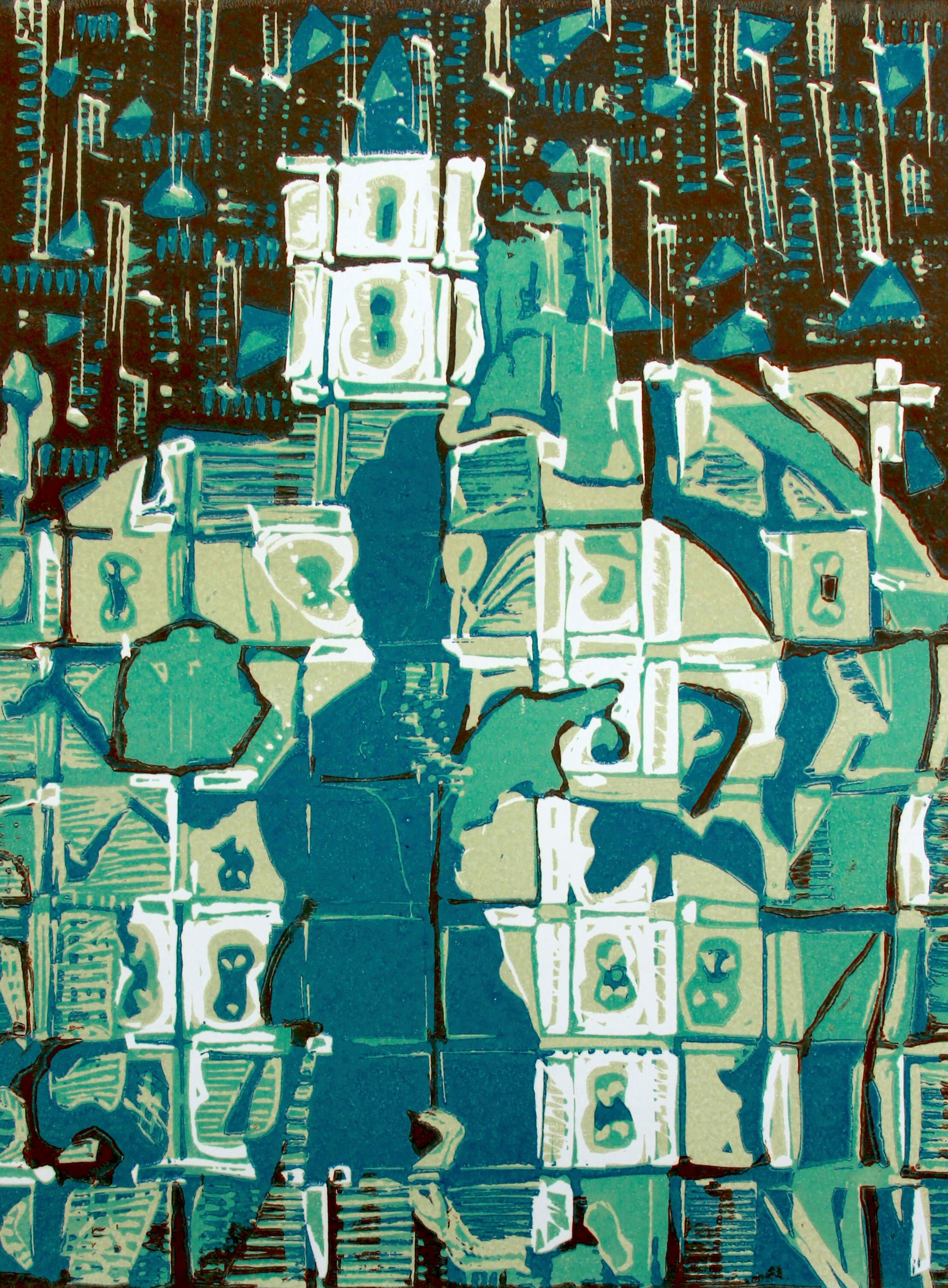 Abstract India Edition 3/5 Linocut Print Green Blue Turquoise Architectural