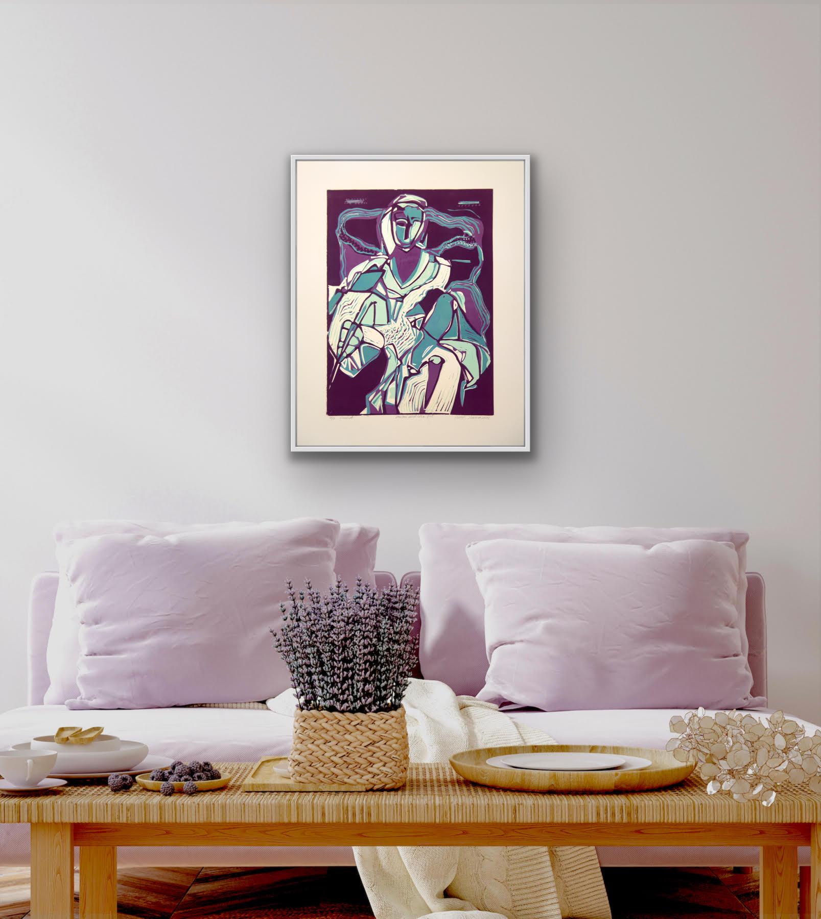 Abstract India Edition 3/5 Linocut Print Nature Love Purple Blue Turquoise For Sale 15
