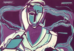 Abstrakte Indien-Ausgabe 3/5 Linocut-Druck Natur Liebe Lila Blau Türkis