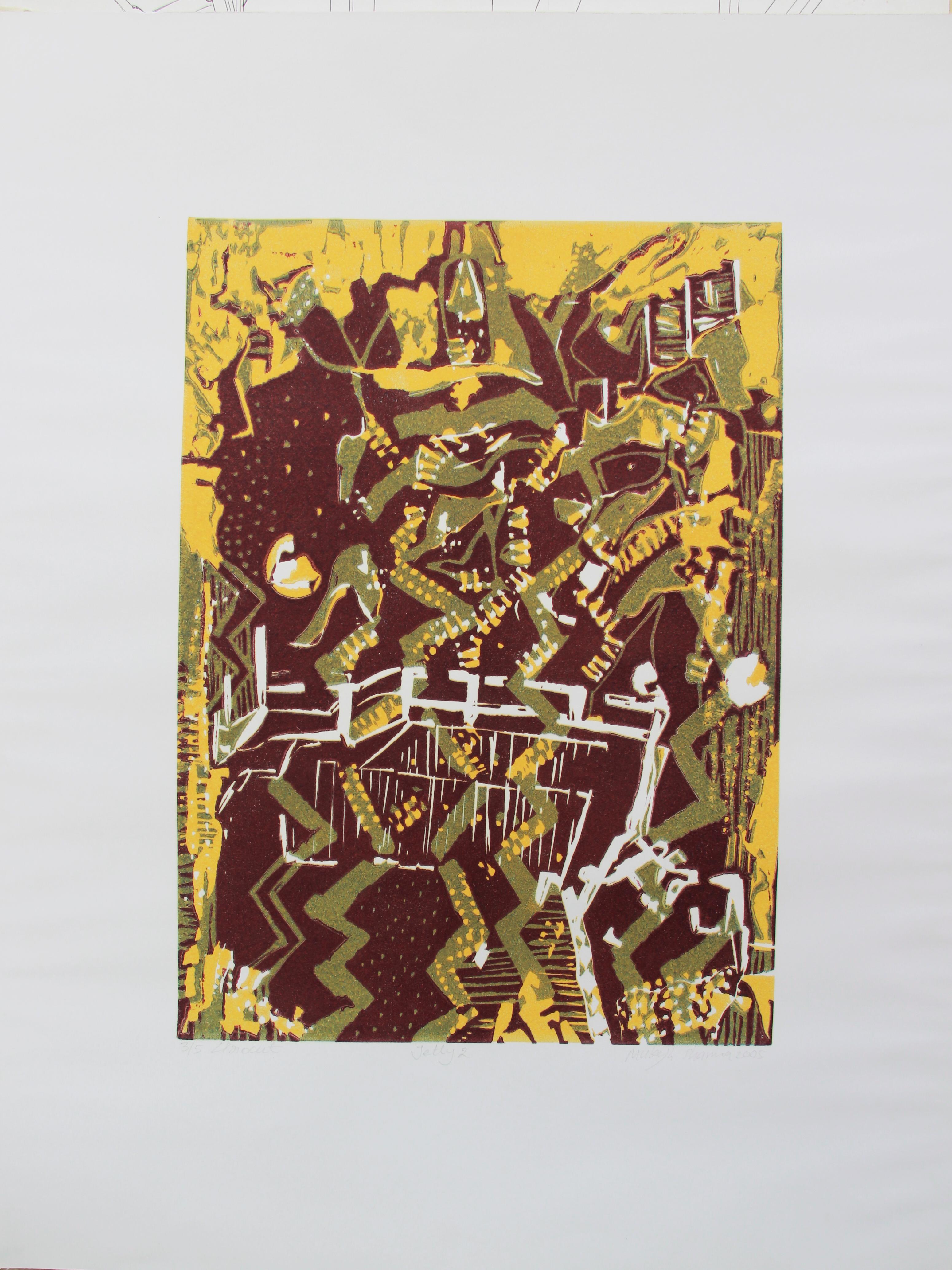 Abstraktes Indien, Auflage 3/5, Linolschnitt-Druck Nature Sea, Gelb-Grün, Australien – Print von Mukesh Sharma