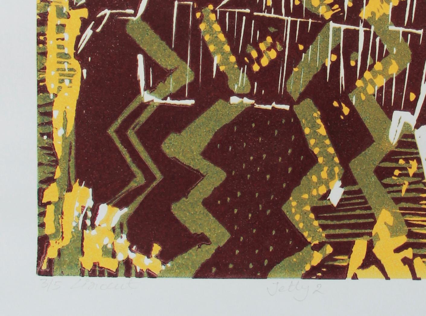 Abstraktes Indien, Auflage 3/5, Linolschnitt-Druck Nature Sea, Gelb-Grün, Australien im Angebot 1