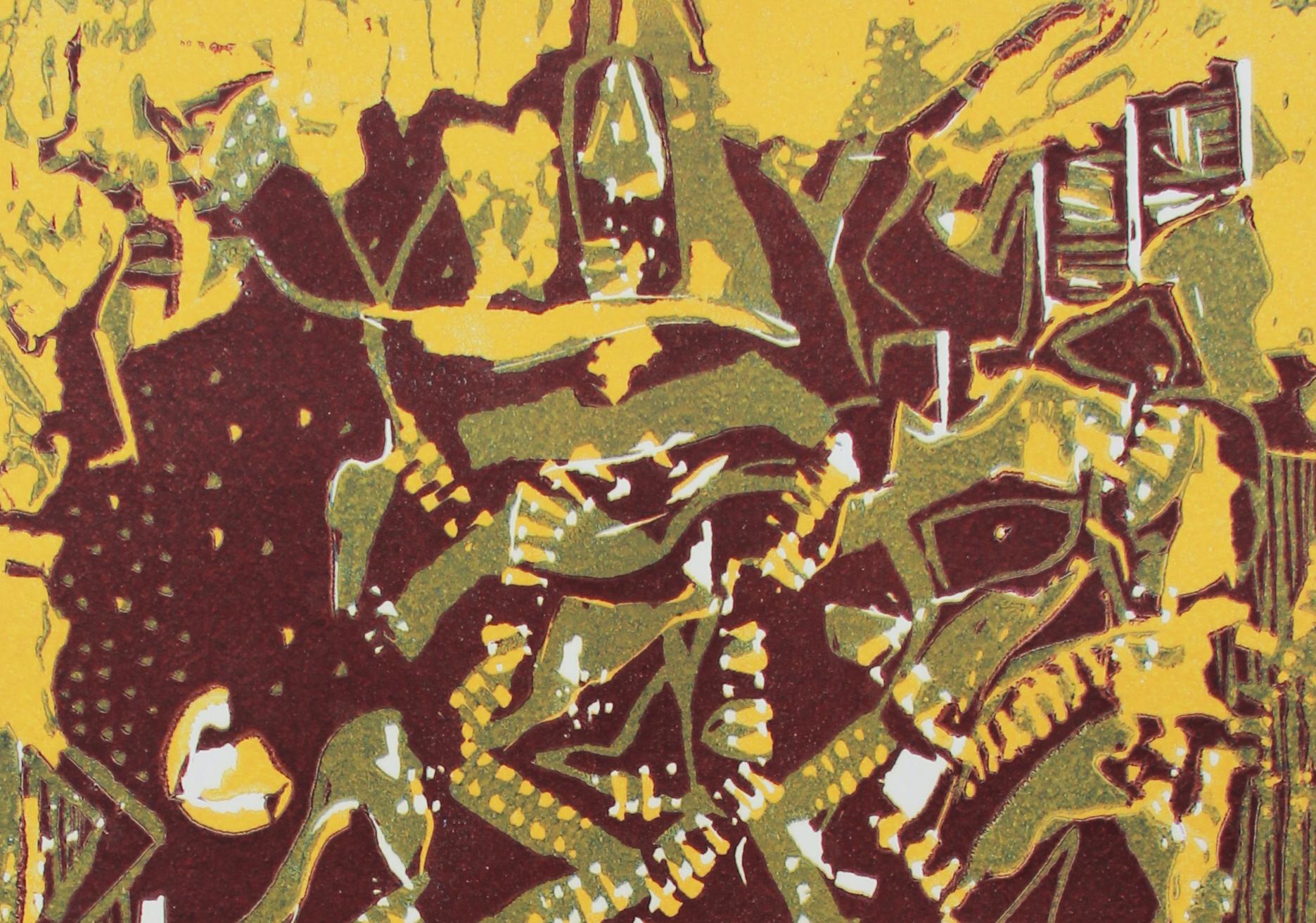 Astratto India Edizione 3/5 Stampa Linocut Natura Mare Molo Giallo Verde Australia in vendita 1