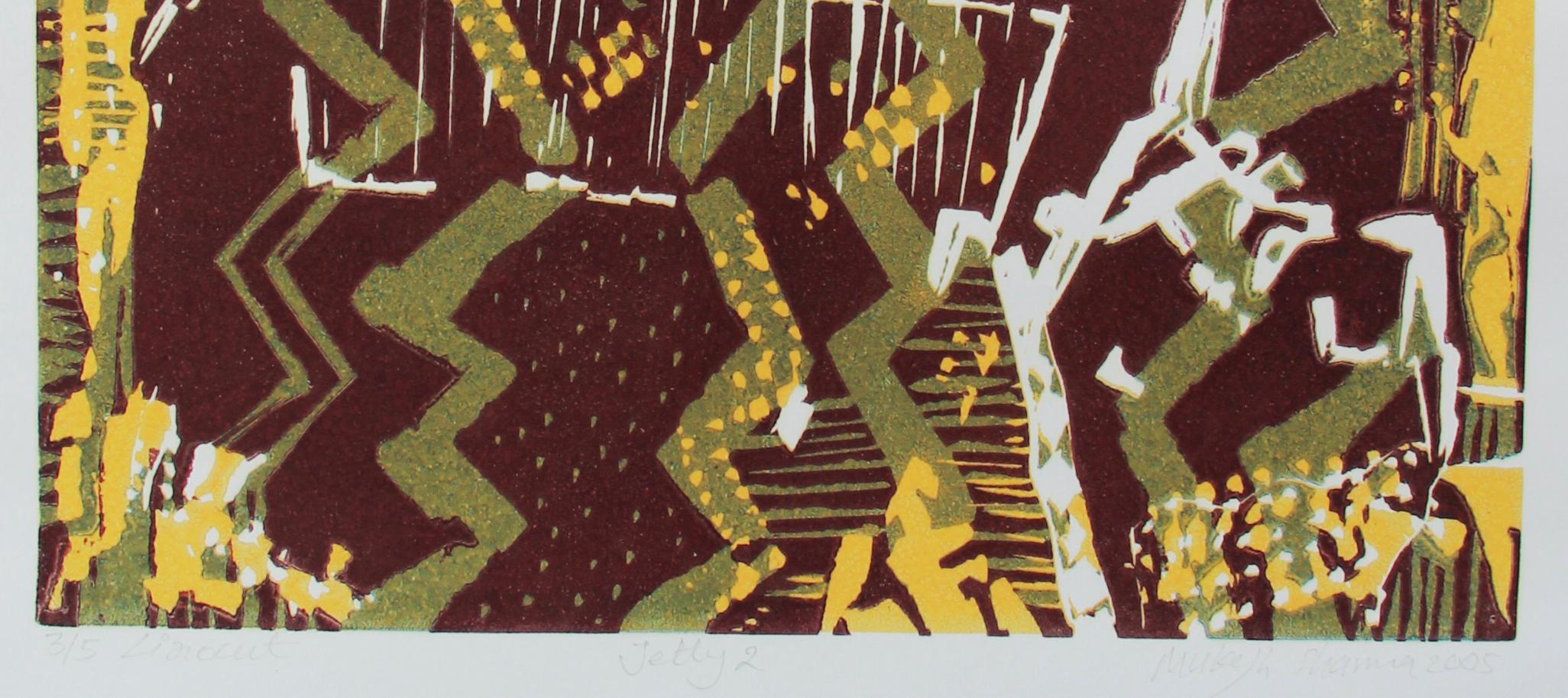 Abstract India Edition 3/5 Linocut Print Nature Sea Jetty Yellow Green Australia For Sale 4