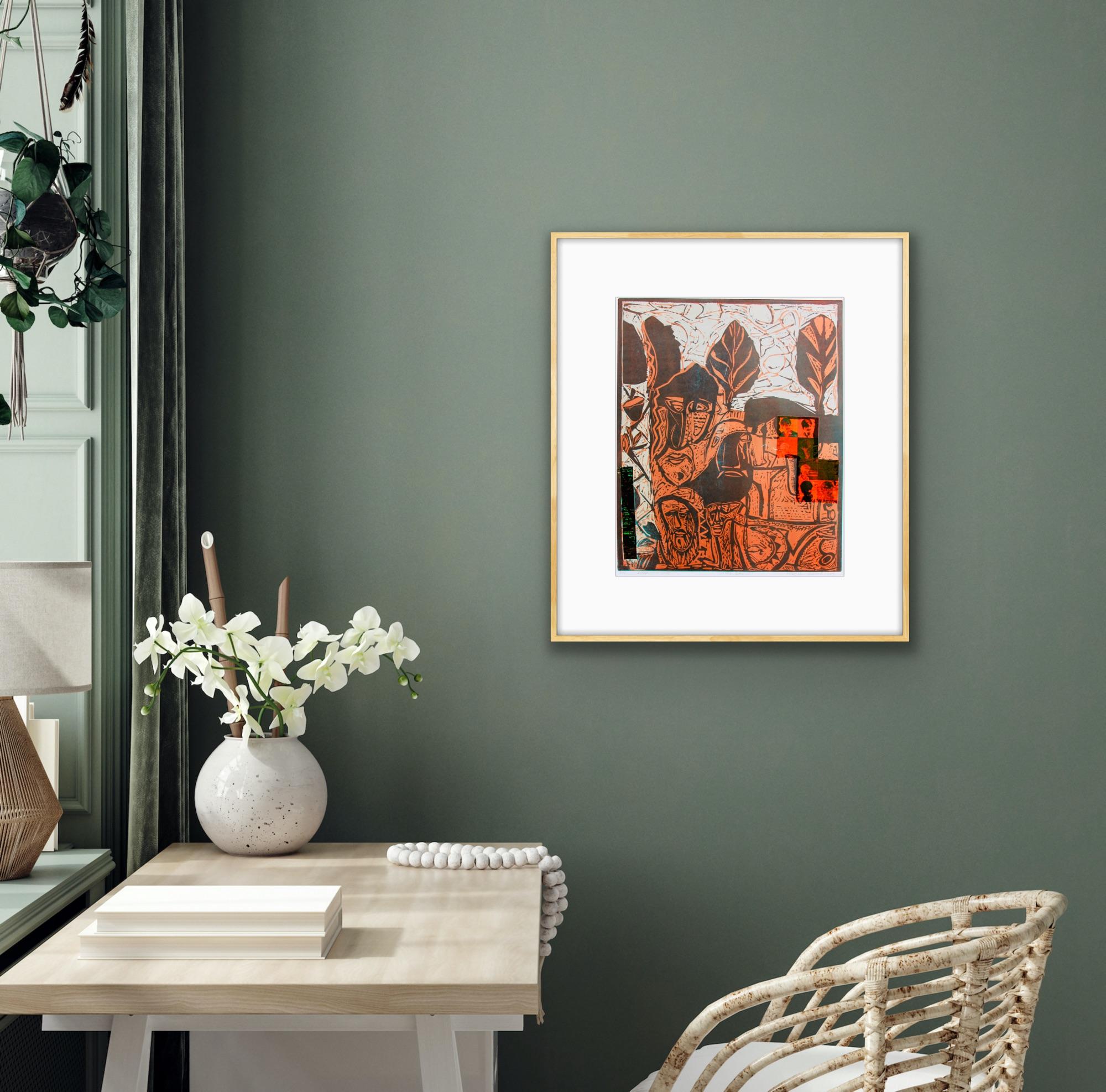 Abstracto India Edición 5/8 Linograbado Naturaleza Naranja Negro Rojo Amor en venta 10