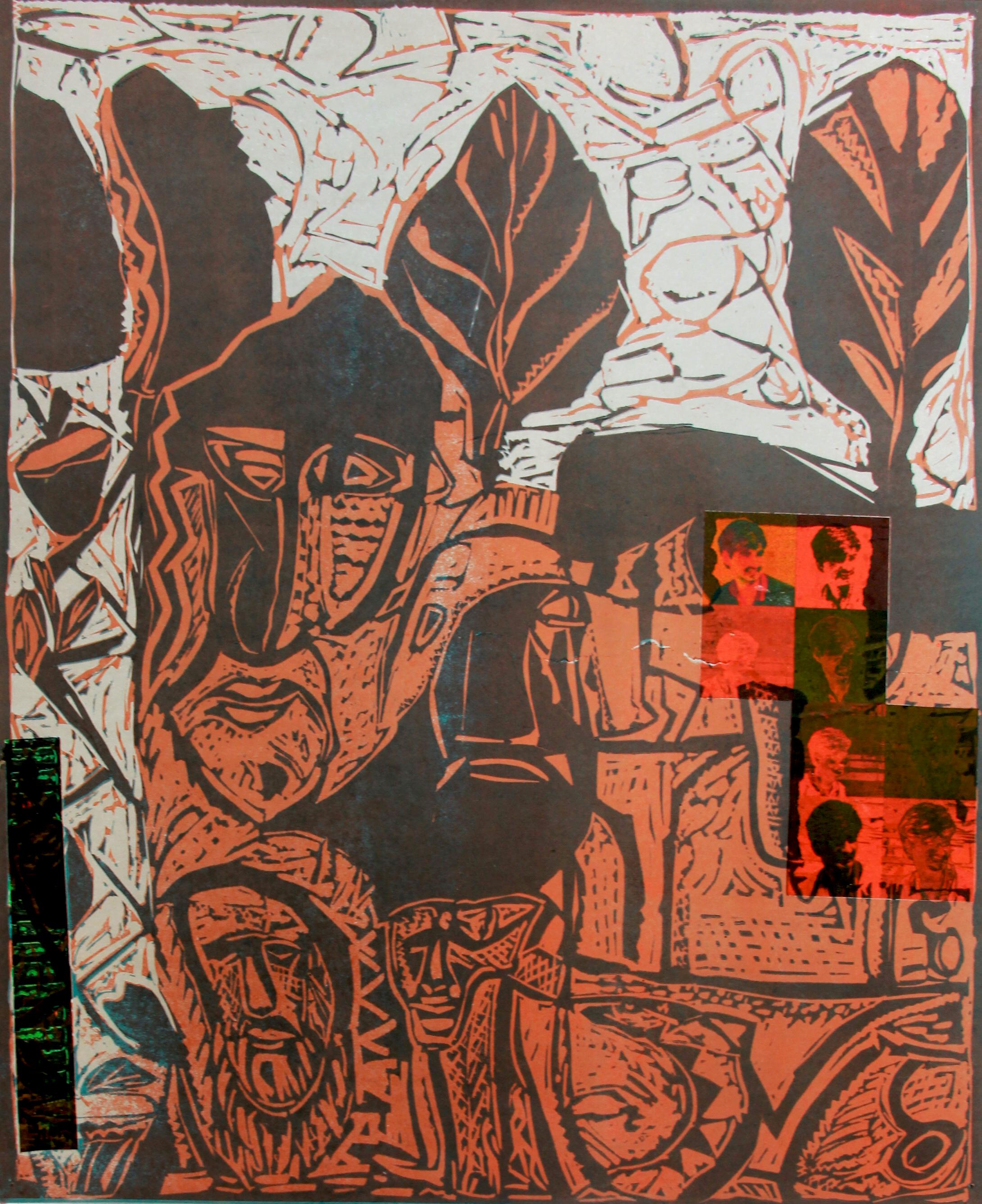 Mukesh Sharma Abstract Print - Abstract India Edition 5/8 Linocut Print Nature Orange Black Red Love