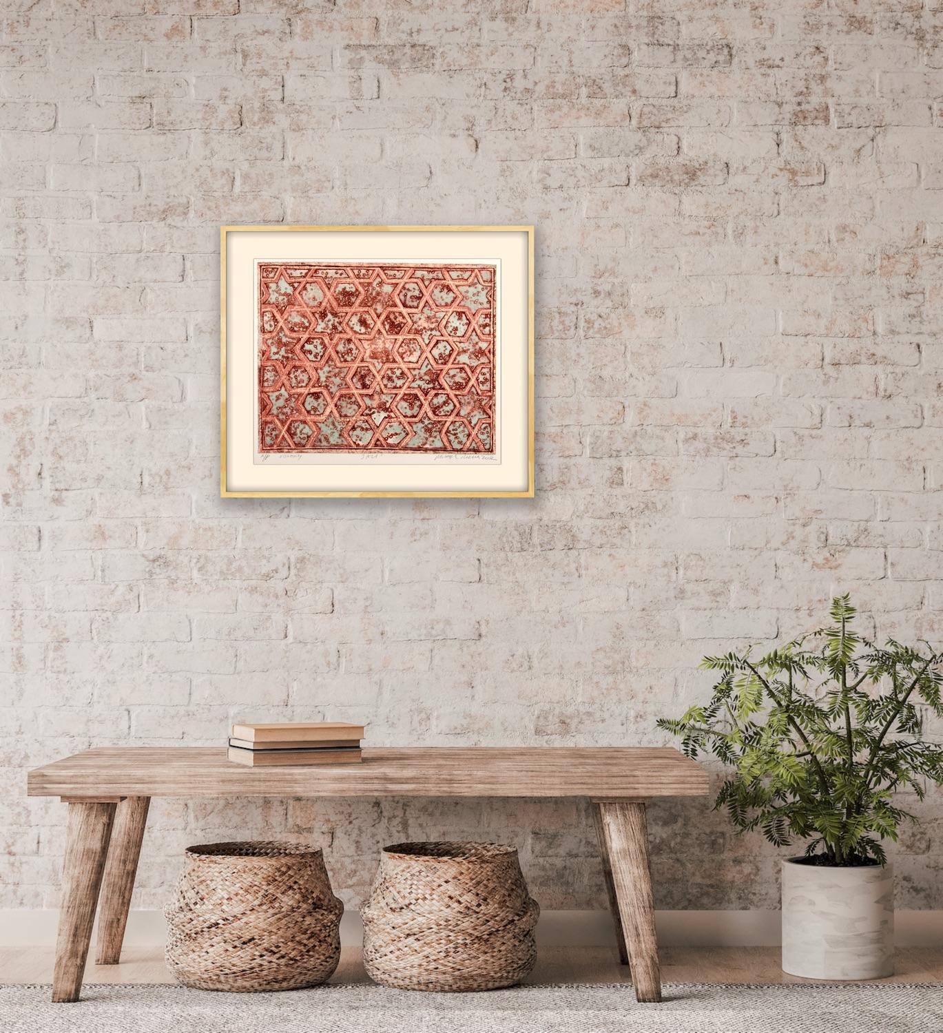 Abstract India Landscape Rajasthan Light Viscosity Print Natural Jali Earth Red For Sale 1
