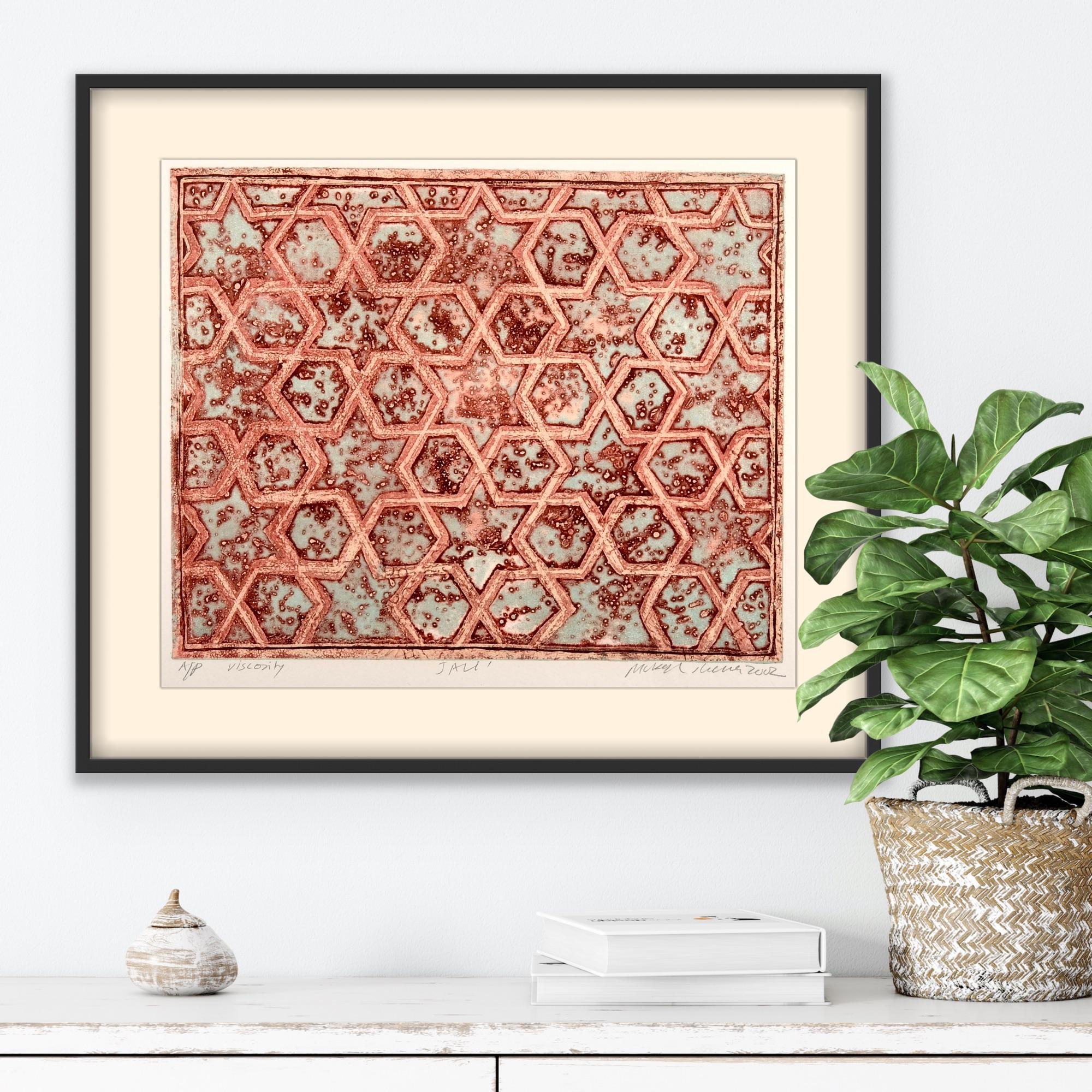 Abstract India Landscape Rajasthan Light Viscosity Print Natural Jali Earth Red For Sale 3