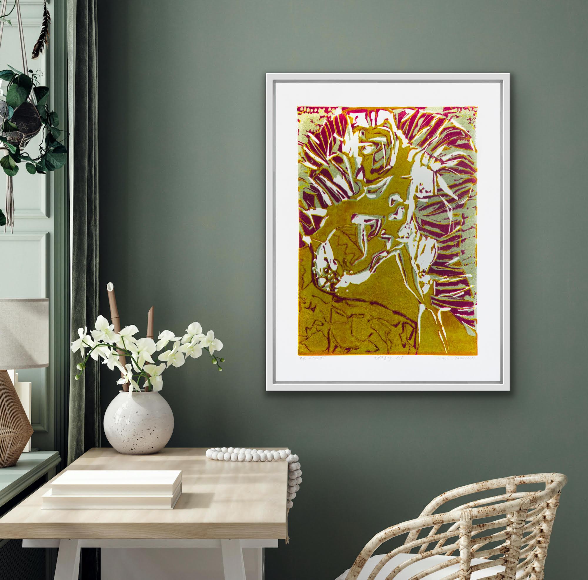 Paisaje abstracto India Edición 3/5 Grabado linograbado Naturaleza Berenjena Verde en venta 7