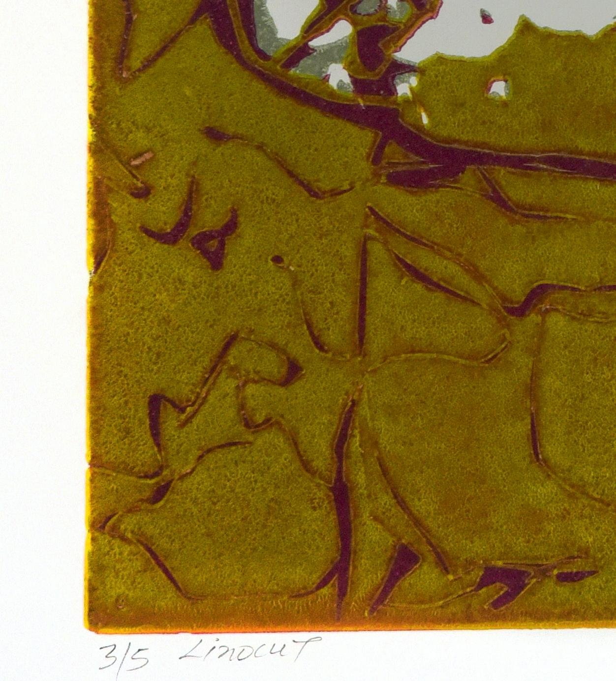Abstrakte Landschaft Indien Auflage 3/5 Linolschnitt Druck Natur Aubergine Grün im Angebot 3