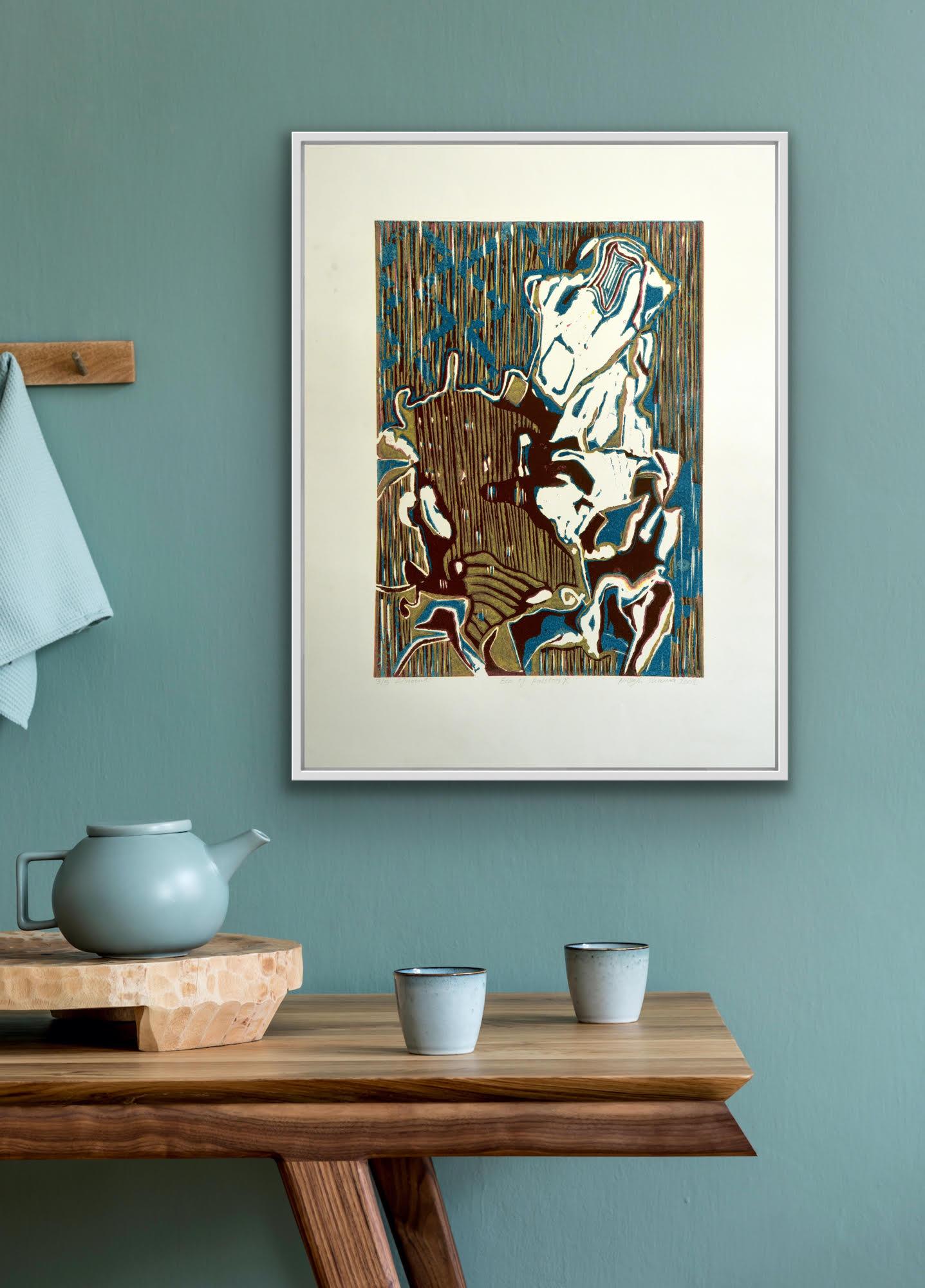 Abstract Landscape India Edition 3/5 Linocut Print Nature Ecco of Passion Blue For Sale 7