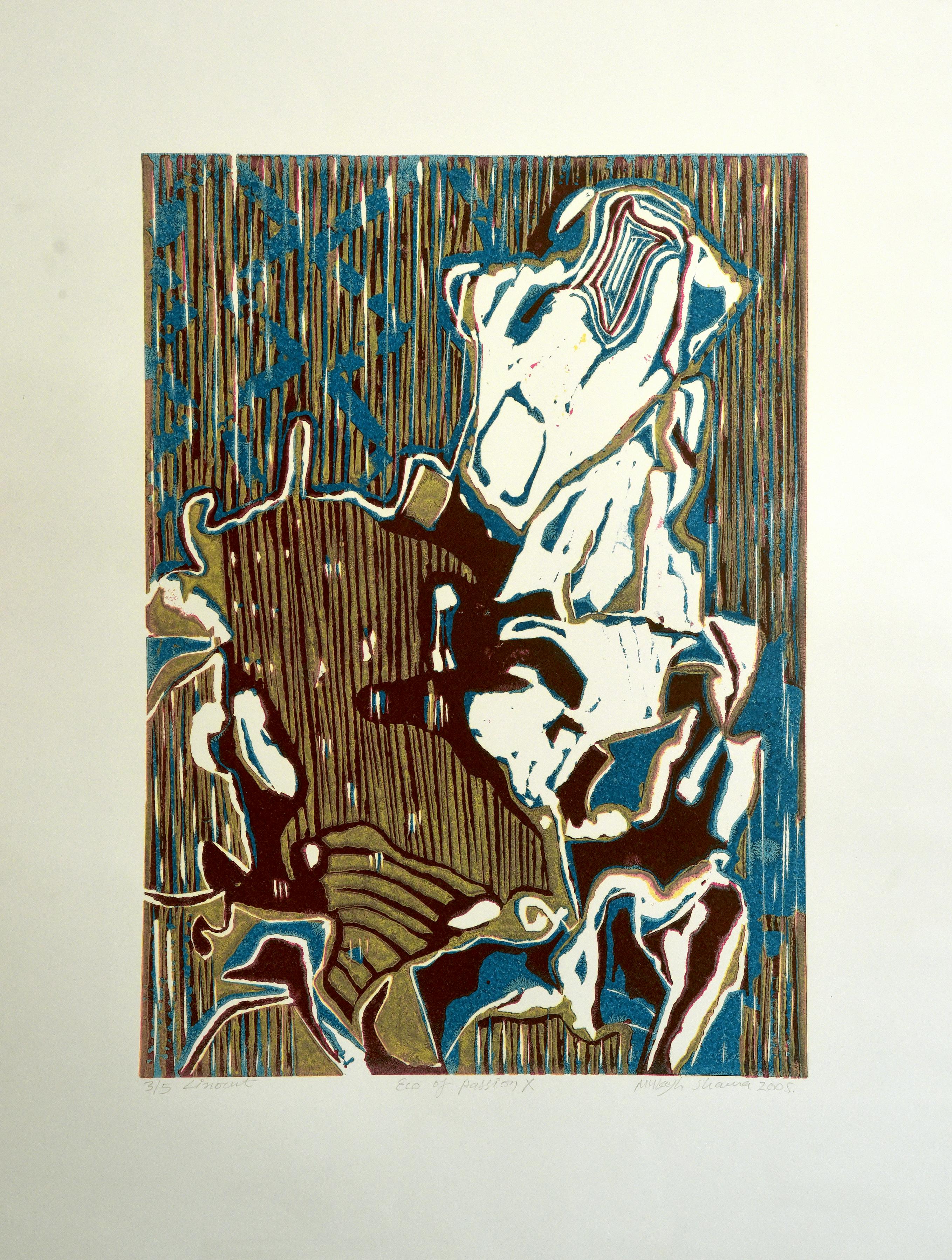 Abstrakte Landschaft Indien Auflage 3/5 Linolschnitt Druck Natur Ecco of Passion Blue – Print von Mukesh Sharma