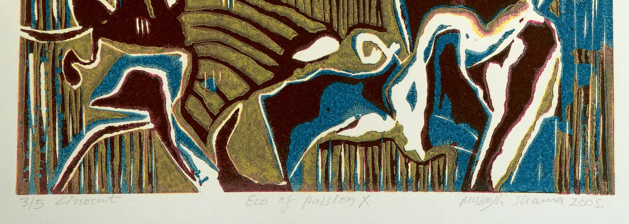 Abstract Landscape India Edition 3/5 Linocut Print Nature Ecco of Passion Blue For Sale 1