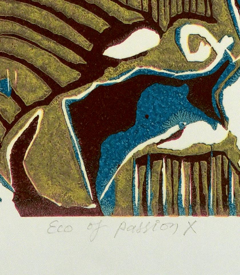 Abstract Landscape India Edition 3/5 Linocut Print Nature Ecco of Passion Blue For Sale 2