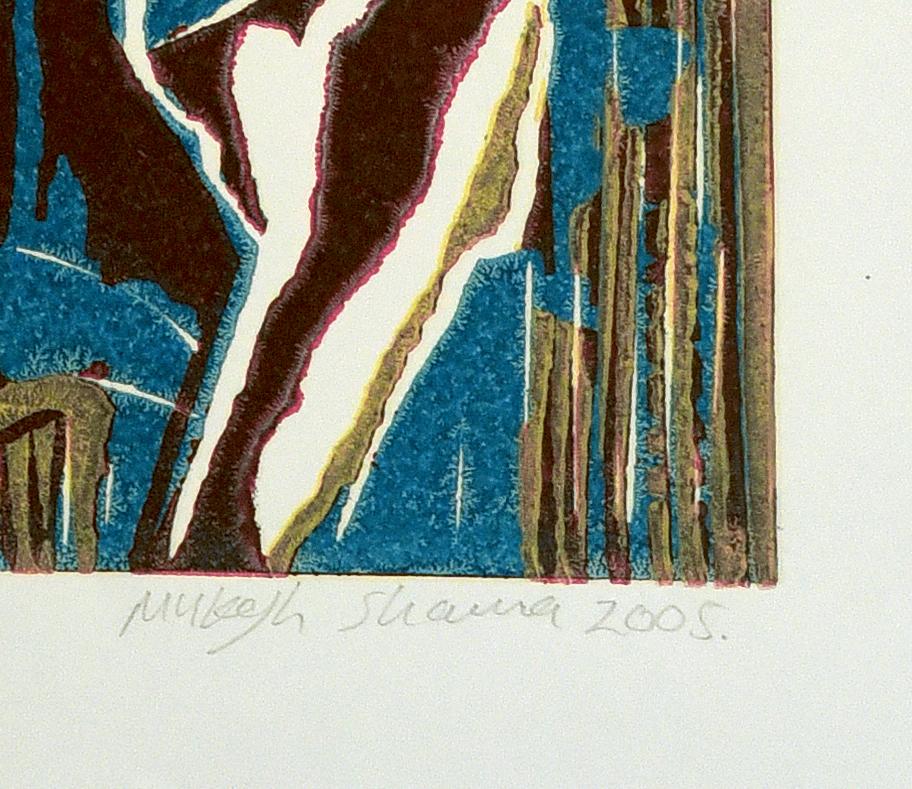 Abstrakte Landschaft Indien Auflage 3/5 Linolschnitt Druck Natur Ecco of Passion Blue im Angebot 3