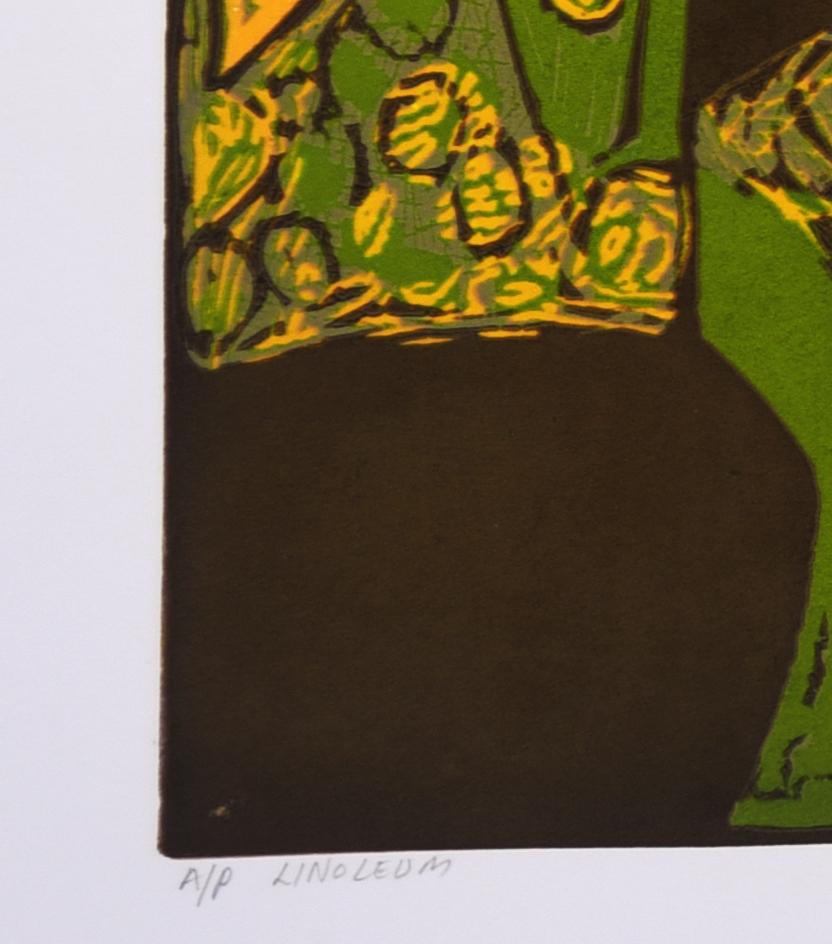 Abstrakte Landschaft Indien Auflage 3/5 Linolschnitt Druck Natur Grün Gelbe Blätter  im Angebot 7