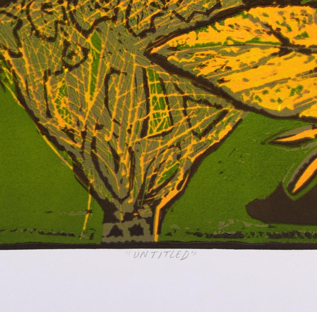 Abstract Landscape India Edition 3/5 Linocut Print Nature Green Yellow Leaves  For Sale 9