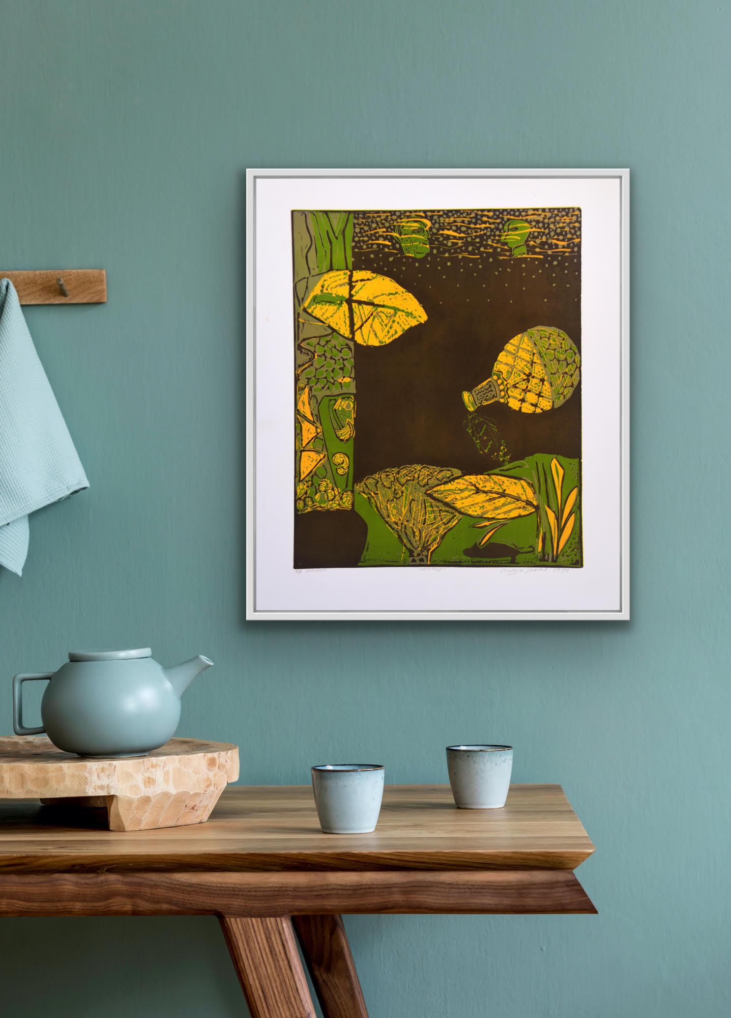 Abstract Landscape India Edition 3/5 Linocut Print Nature Green Yellow Leaves  For Sale 14