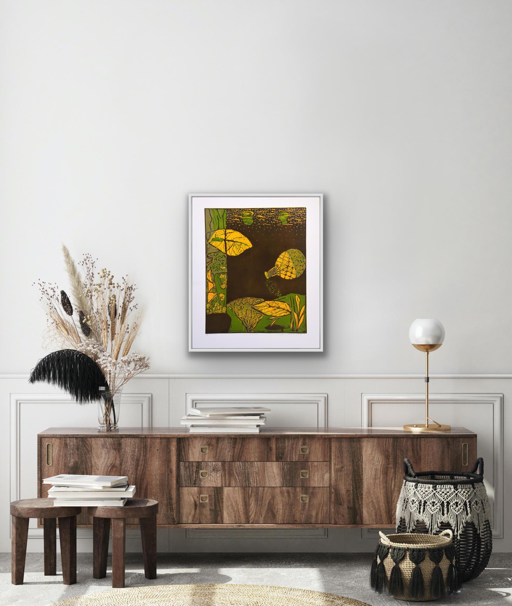 Paesaggio astratto India Edizione 3/5 Stampa Linocut Natura Greene & Greene Foglie - Print Astratto di Mukesh Sharma