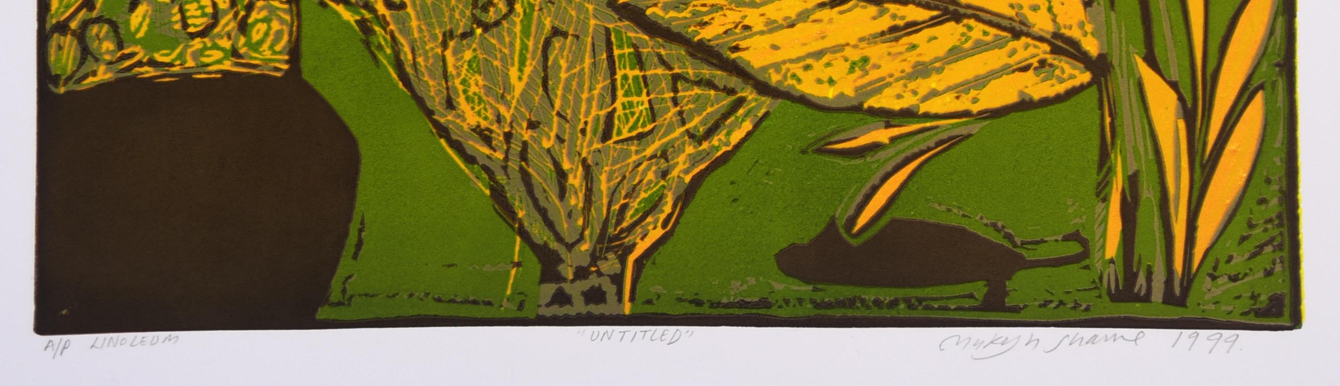 Abstrakte Landschaft Indien Auflage 3/5 Linolschnitt Druck Natur Grün Gelbe Blätter  im Angebot 1