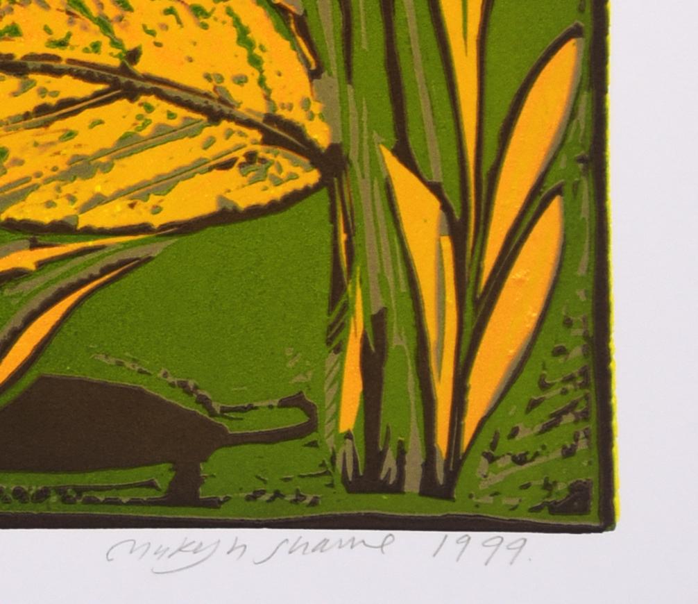 Abstrakte Landschaft Indien Auflage 3/5 Linolschnitt Druck Natur Grün Gelbe Blätter  im Angebot 2
