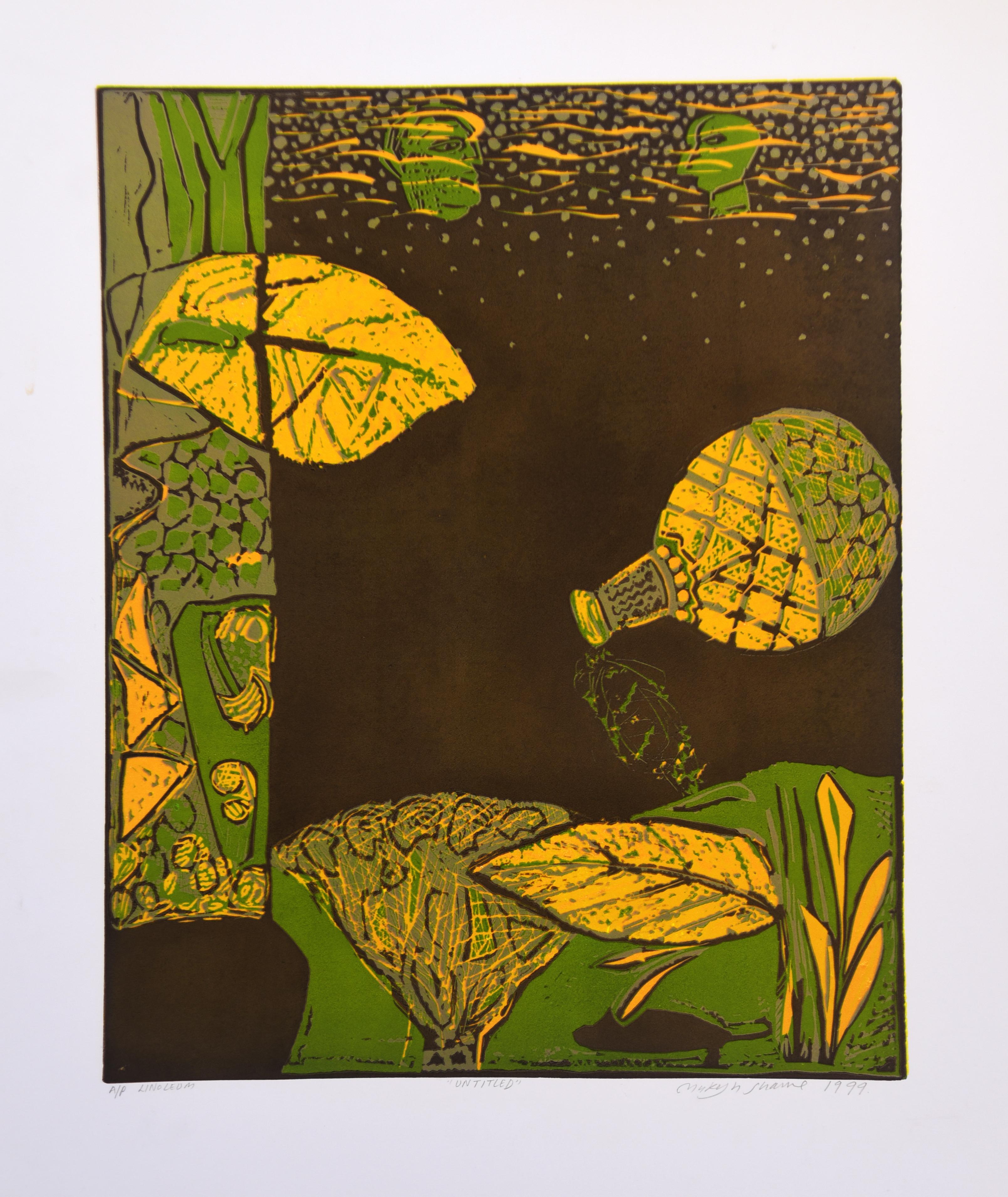 Abstract Landscape India Edition 3/5 Linocut Print Nature Green Yellow Leaves  For Sale 7