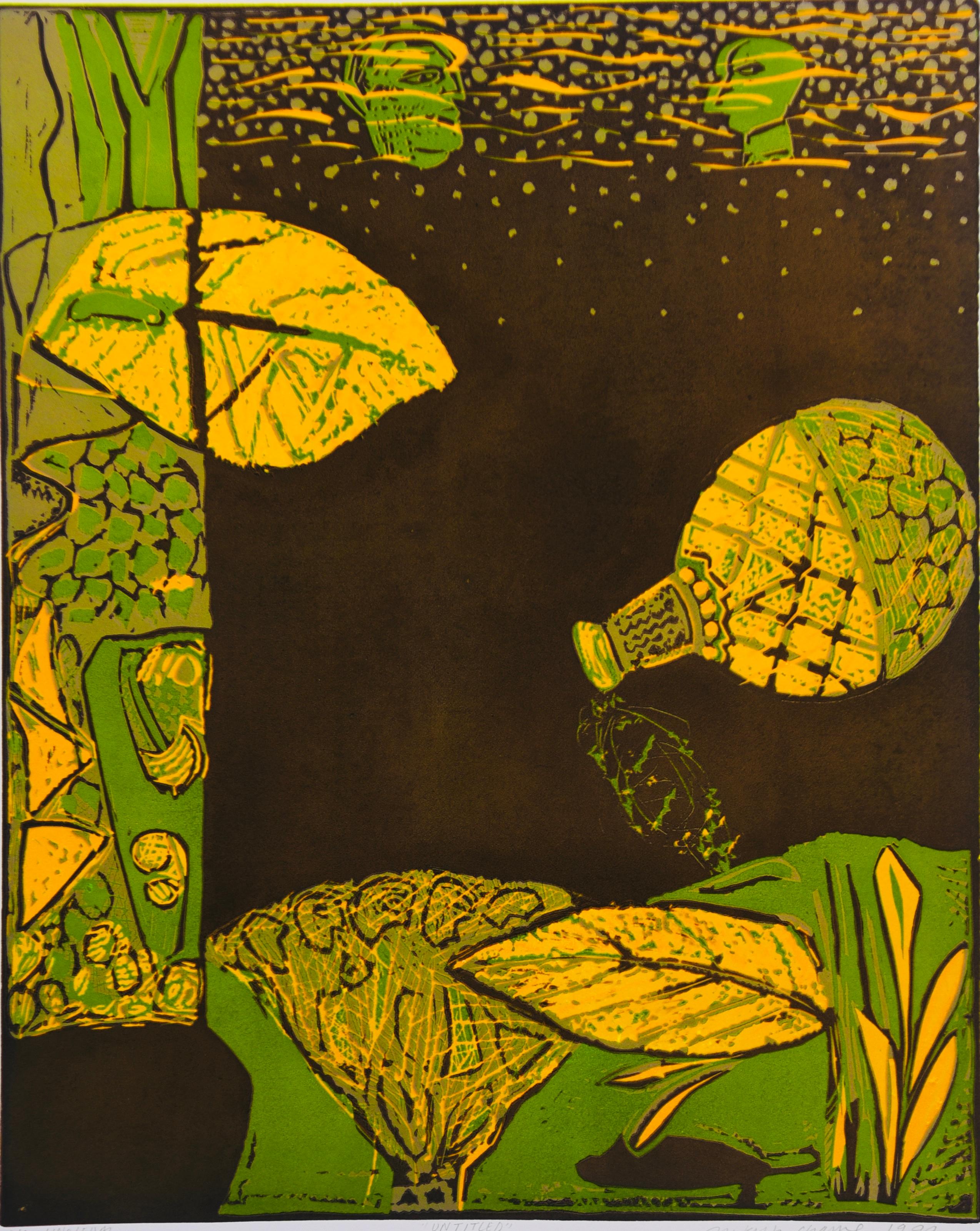 Abstract Landscape India Edition 3/5 Linocut Print Nature Green Yellow Leaves 