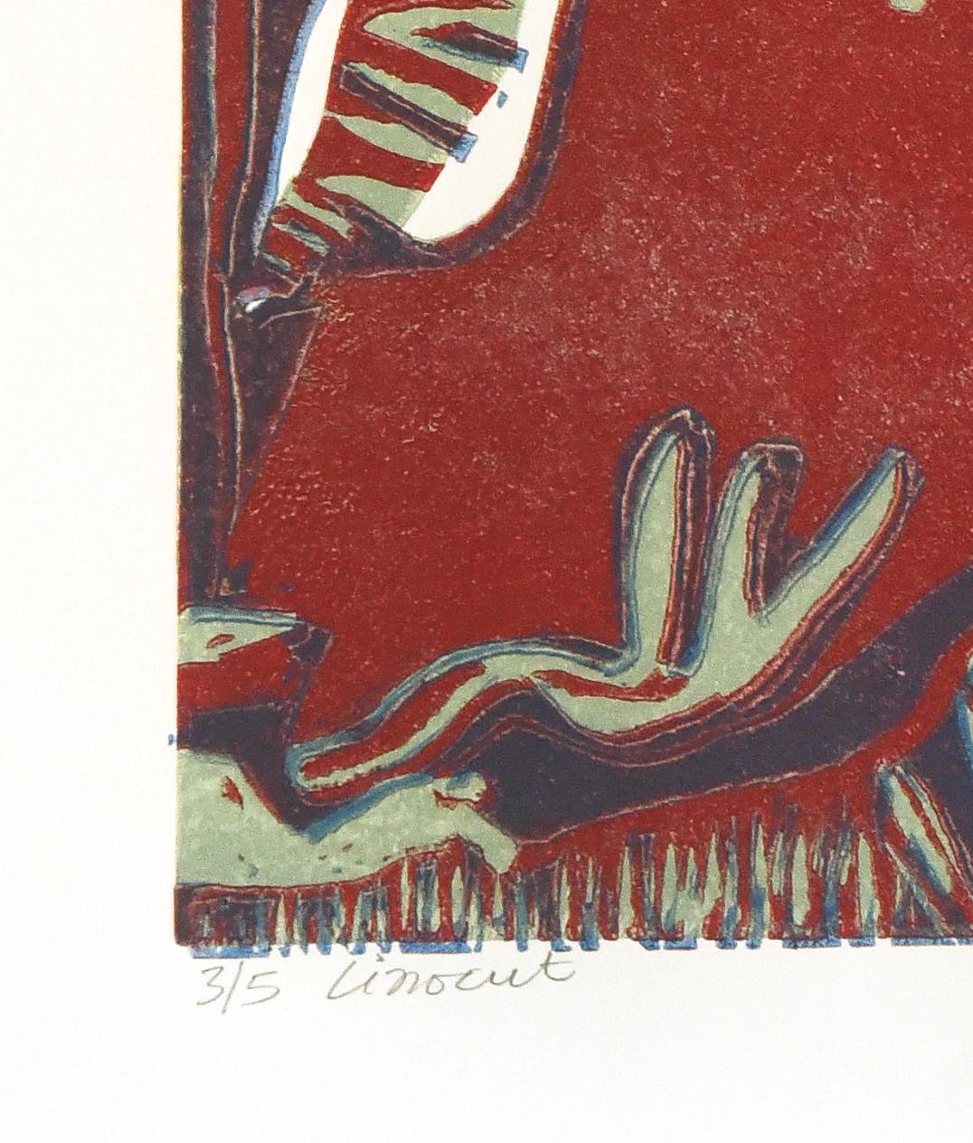 Abstract Landscape India Edition 3/5 Linocut Print Nature Red Navy Primitive For Sale 3