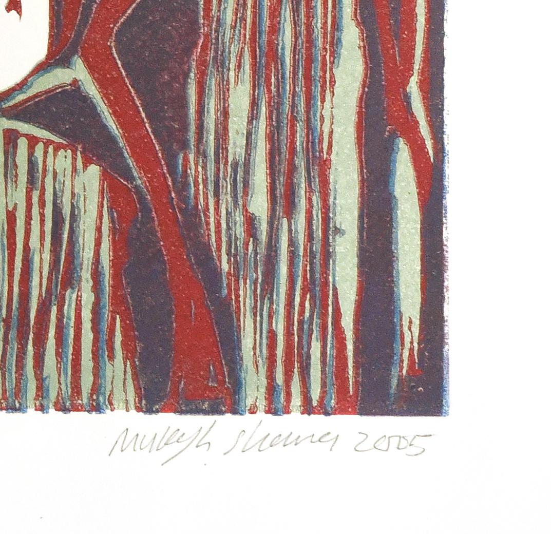 Abstrakte Landschaft Indien Auflage 3/5 Linolschnitt Druck Natur Rot Marine Primitiv im Angebot 4