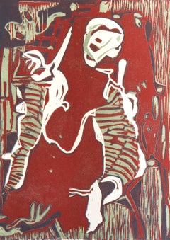 Paesaggio astratto India Edizione 3/5 Stampa Linocut Natura Rosso Navy Primitivo