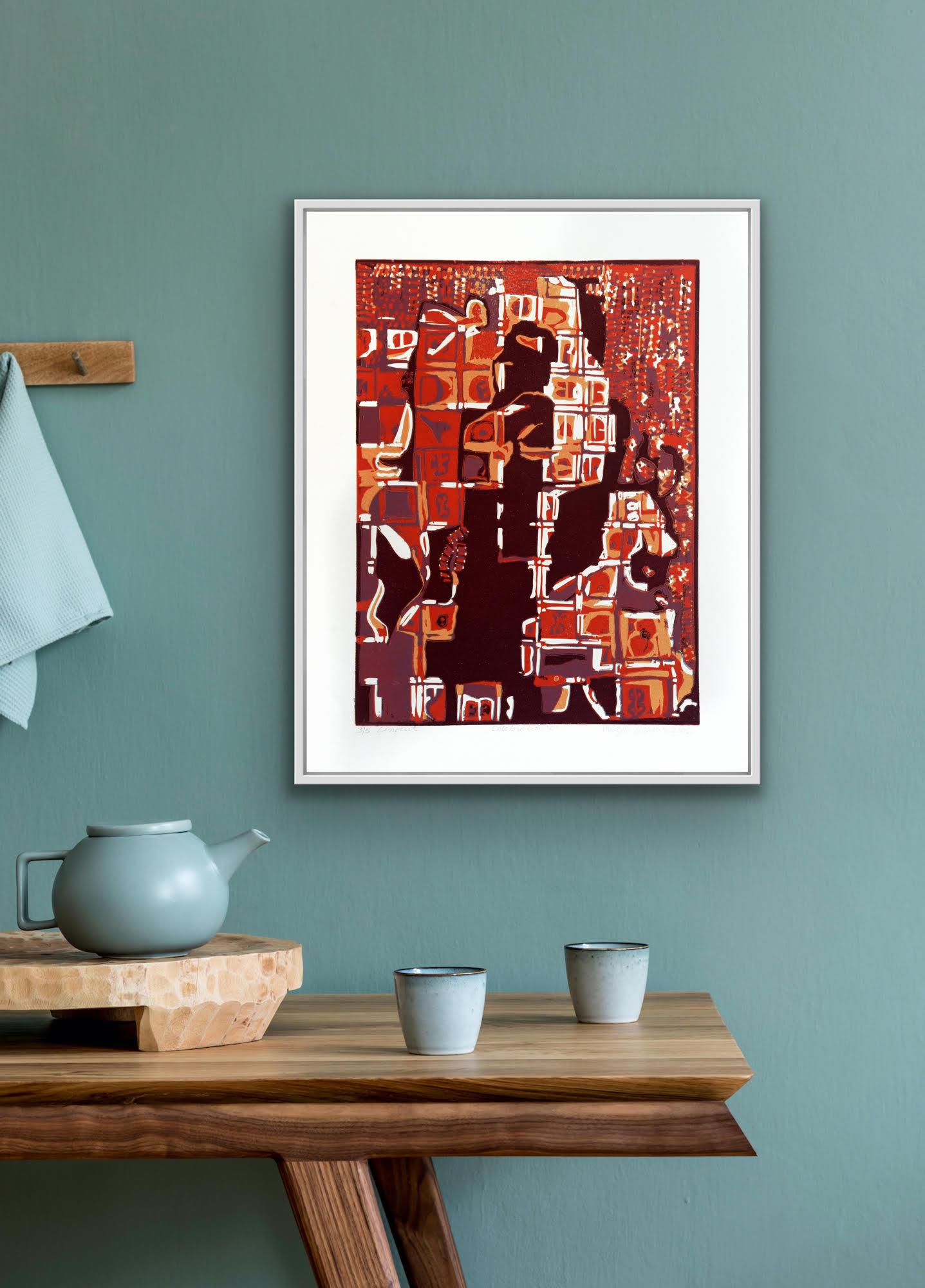 Abstract Landscape India Edition 3/5 Linocut Print Nature Red Orange Black For Sale 16