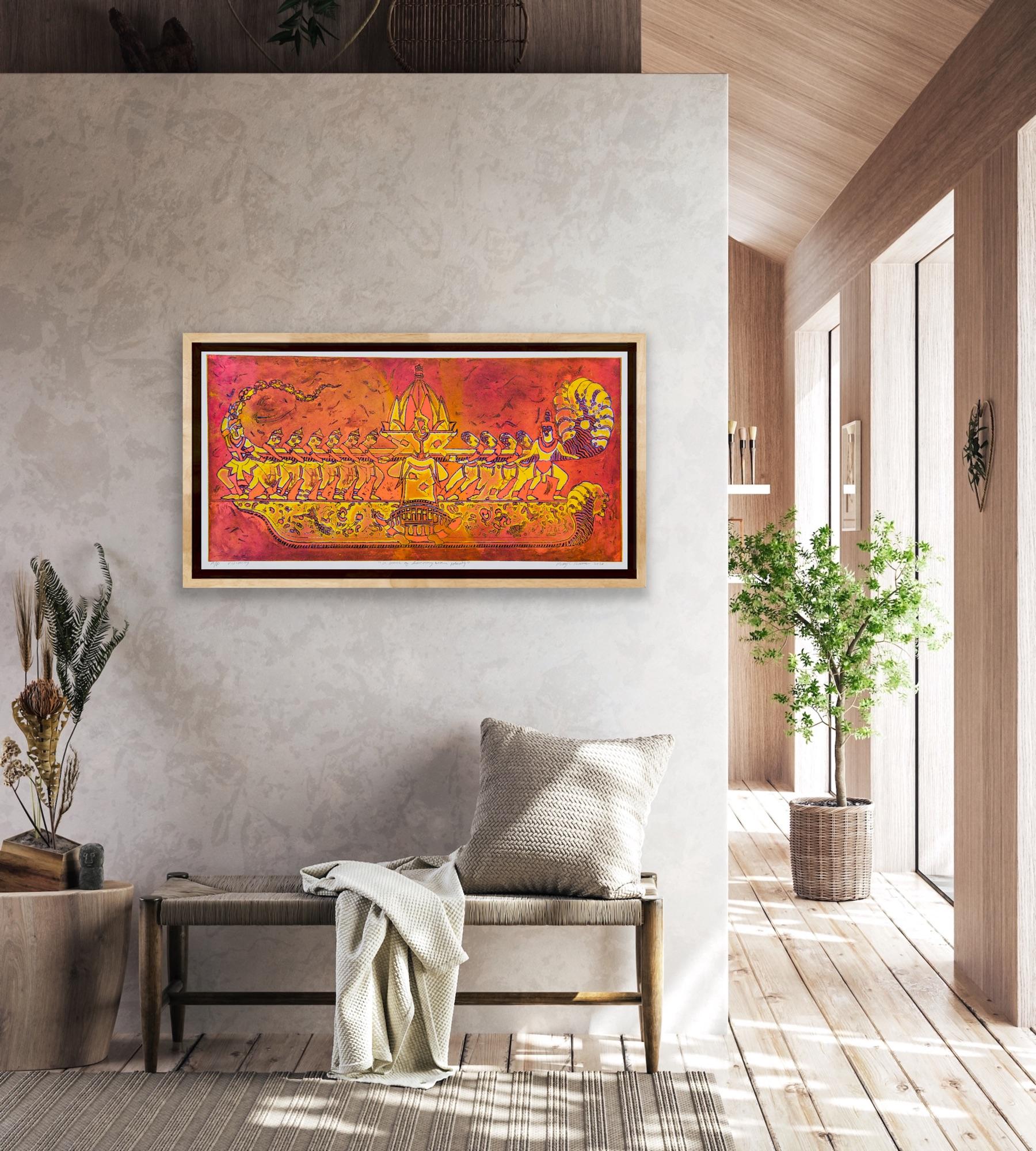 Abstract Landscape India Light Viscosity Print Yellow Red Orange Nature Harmony For Sale 6