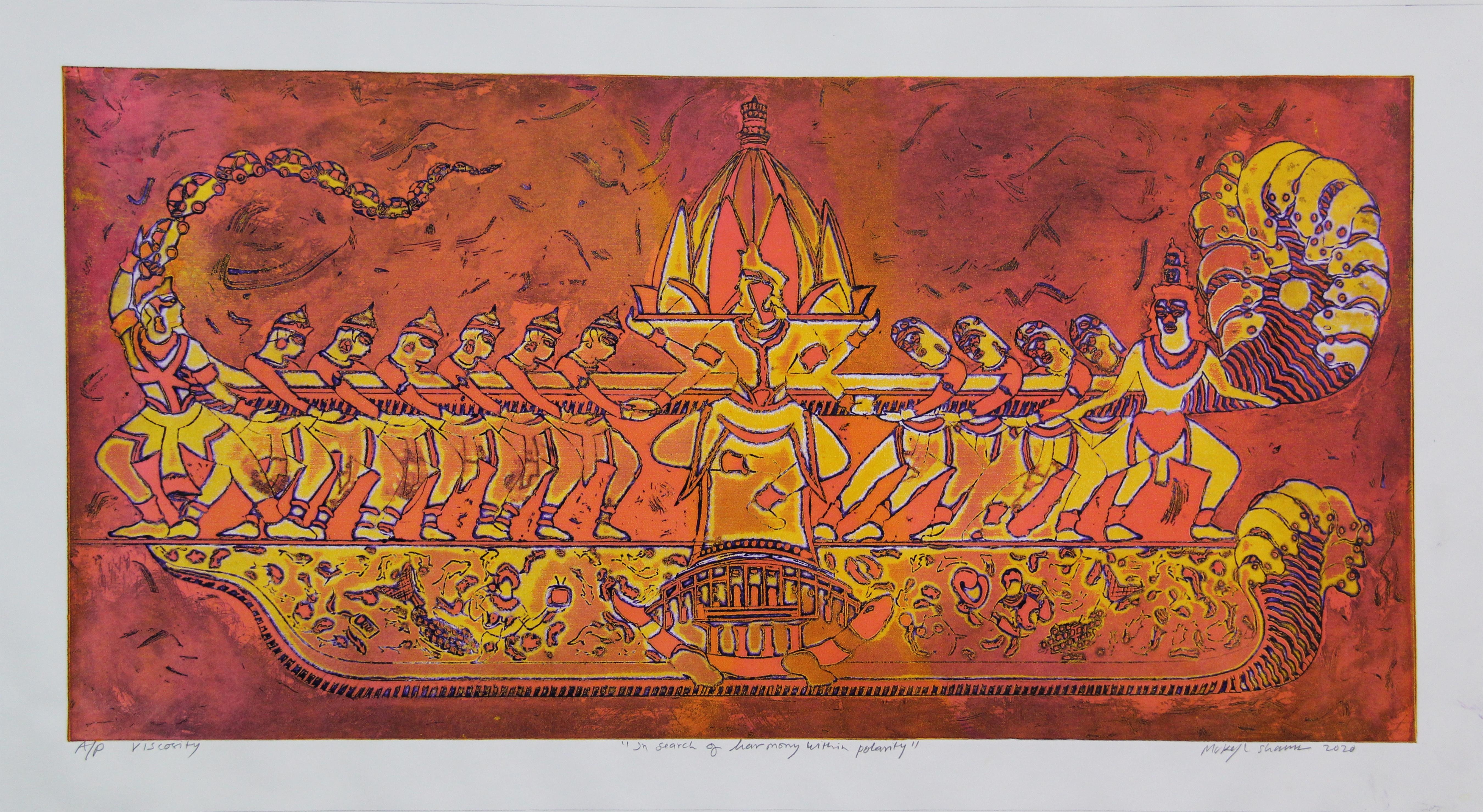 Paesaggio astratto India Luce Viscosità Stampa Giallo Rosso Arancione Natura Armonia - Print di Mukesh Sharma
