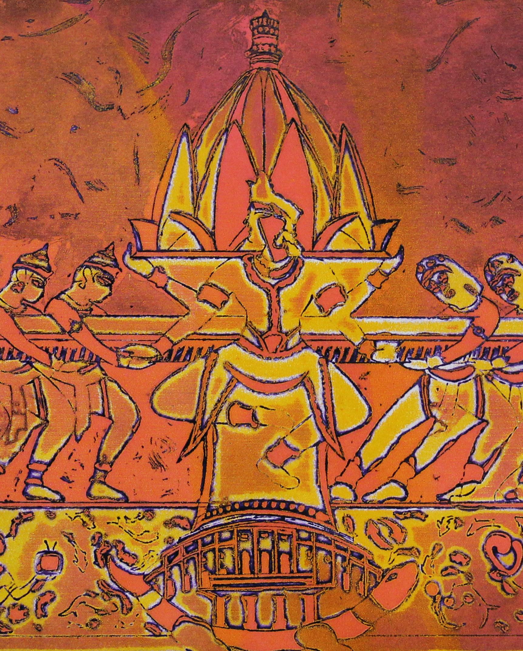 Paesaggio astratto India Luce Viscosità Stampa Giallo Rosso Arancione Natura Armonia - Print Astratto di Mukesh Sharma