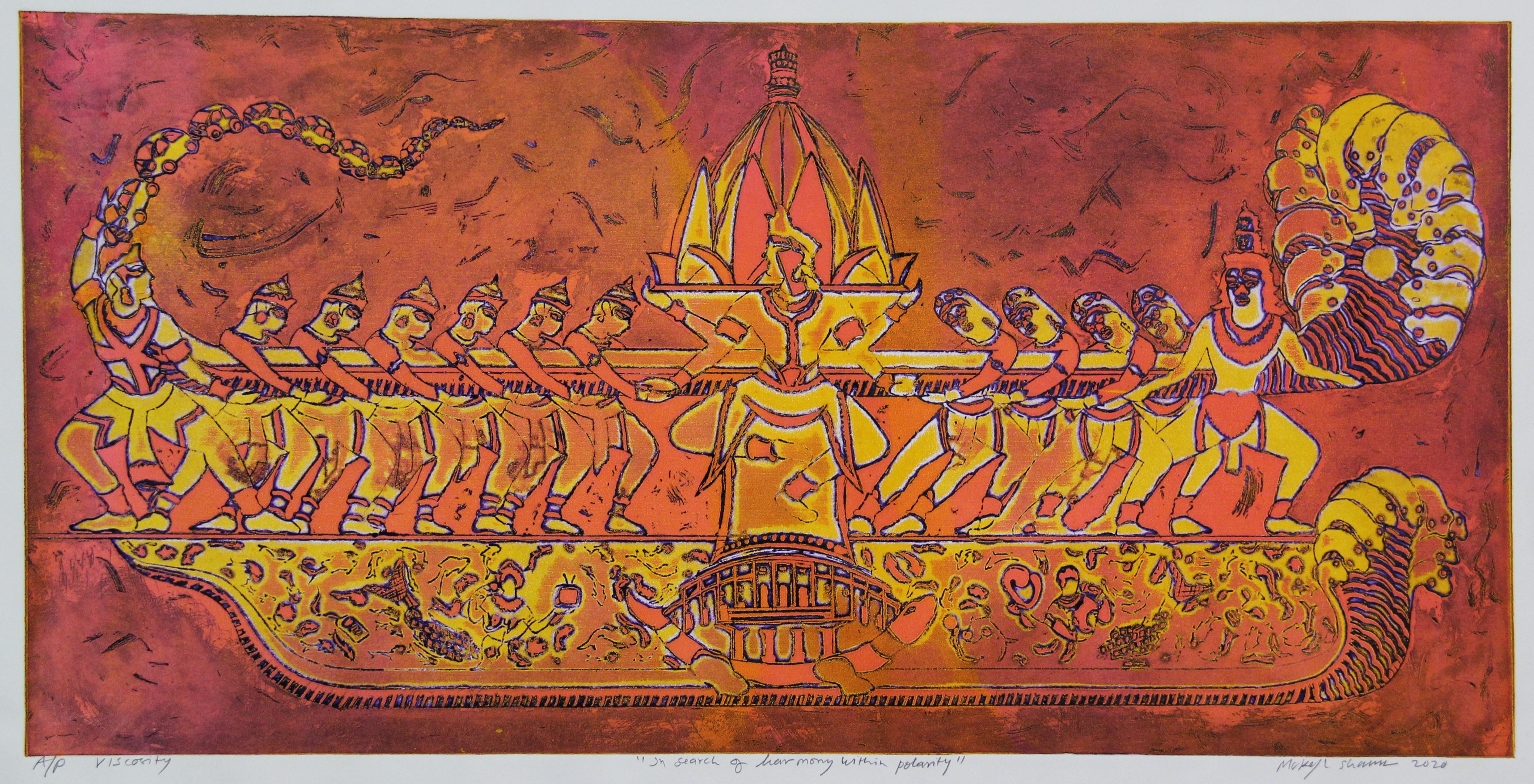 Mukesh Sharma Abstract Print - Abstract Landscape India Light Viscosity Print Yellow Red Orange Nature Harmony