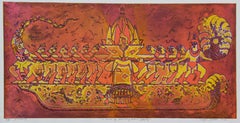 Paysage abstrait Inde imprimé viscosité claire, jaune, rouge, orange, harmonie de la nature