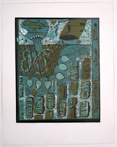 Paisaje Abstracto India Rajastán Grabado Linograbado Natural Azul Verde