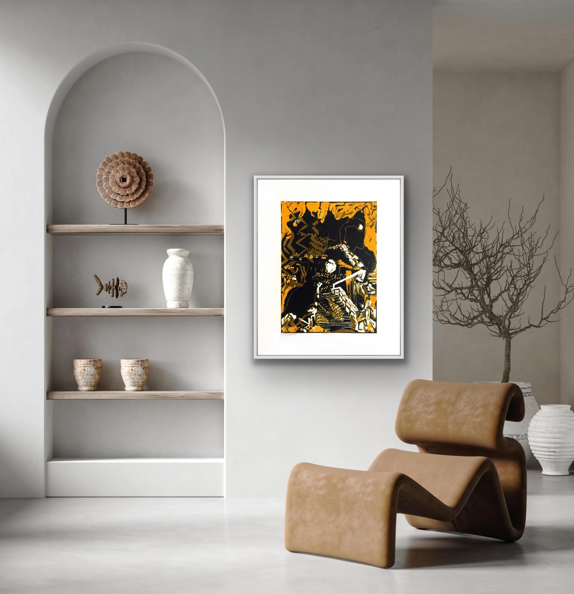 Art indien - Paysage abstrait - Édition 3/5 - Impression en linogravure - Nature Orange Australia en vente 6