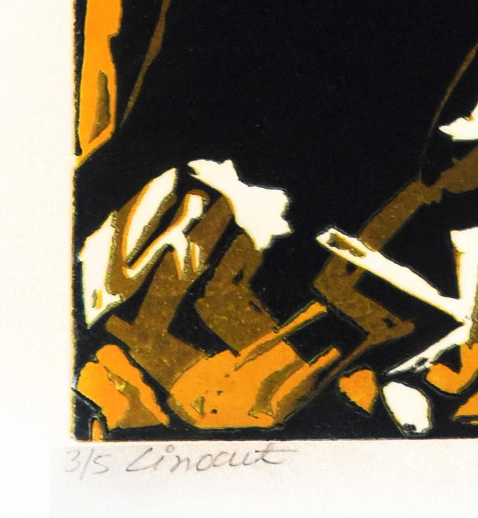 Paisaje abstracto Arte indio Edición 3/5 Grabado linograbado Naturaleza Naranja Australia - Landscape Print Negro de Mukesh Sharma