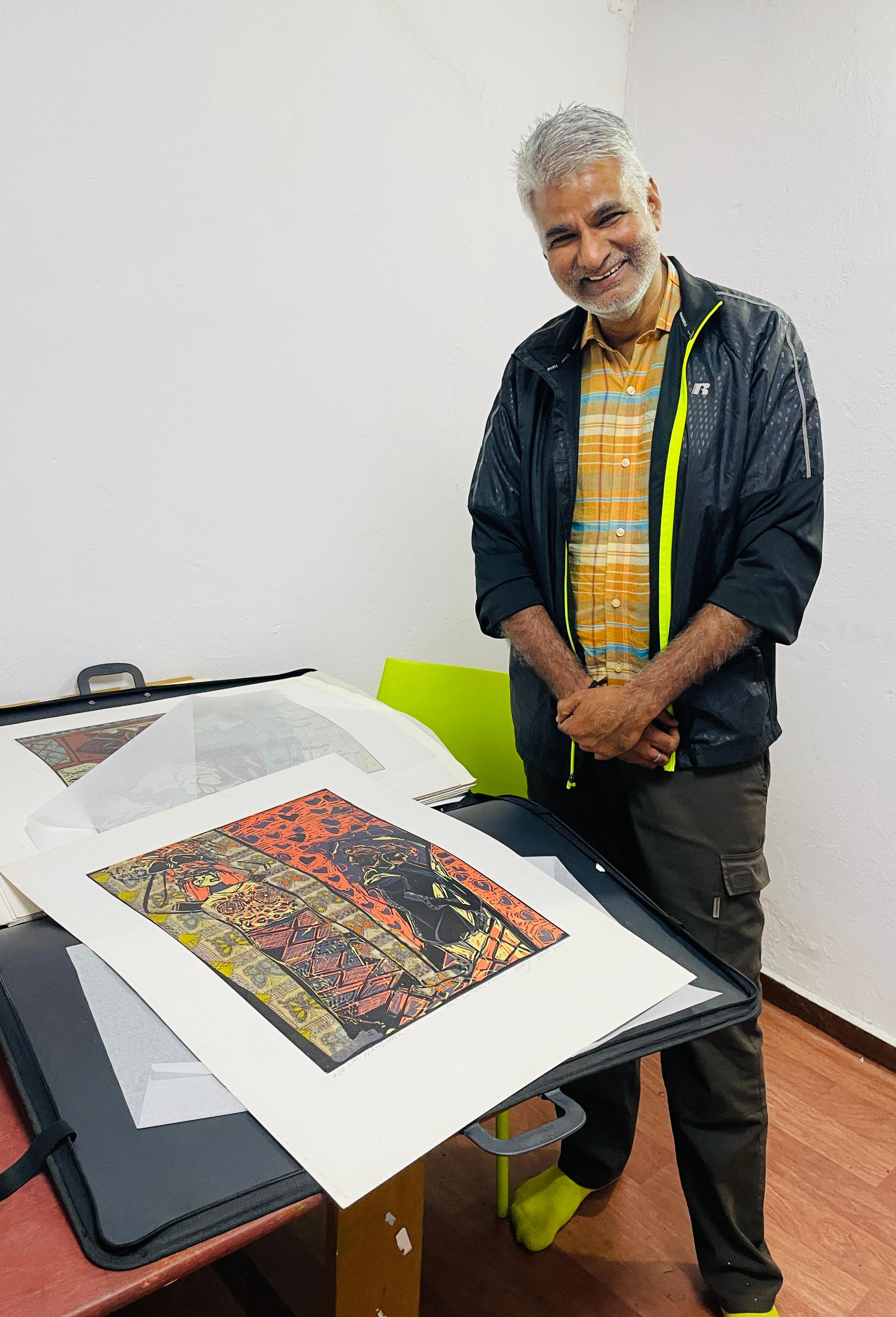 Art indien - Paysage abstrait - Édition 3/5 - Impression en linogravure - Nature Orange Australia en vente 3