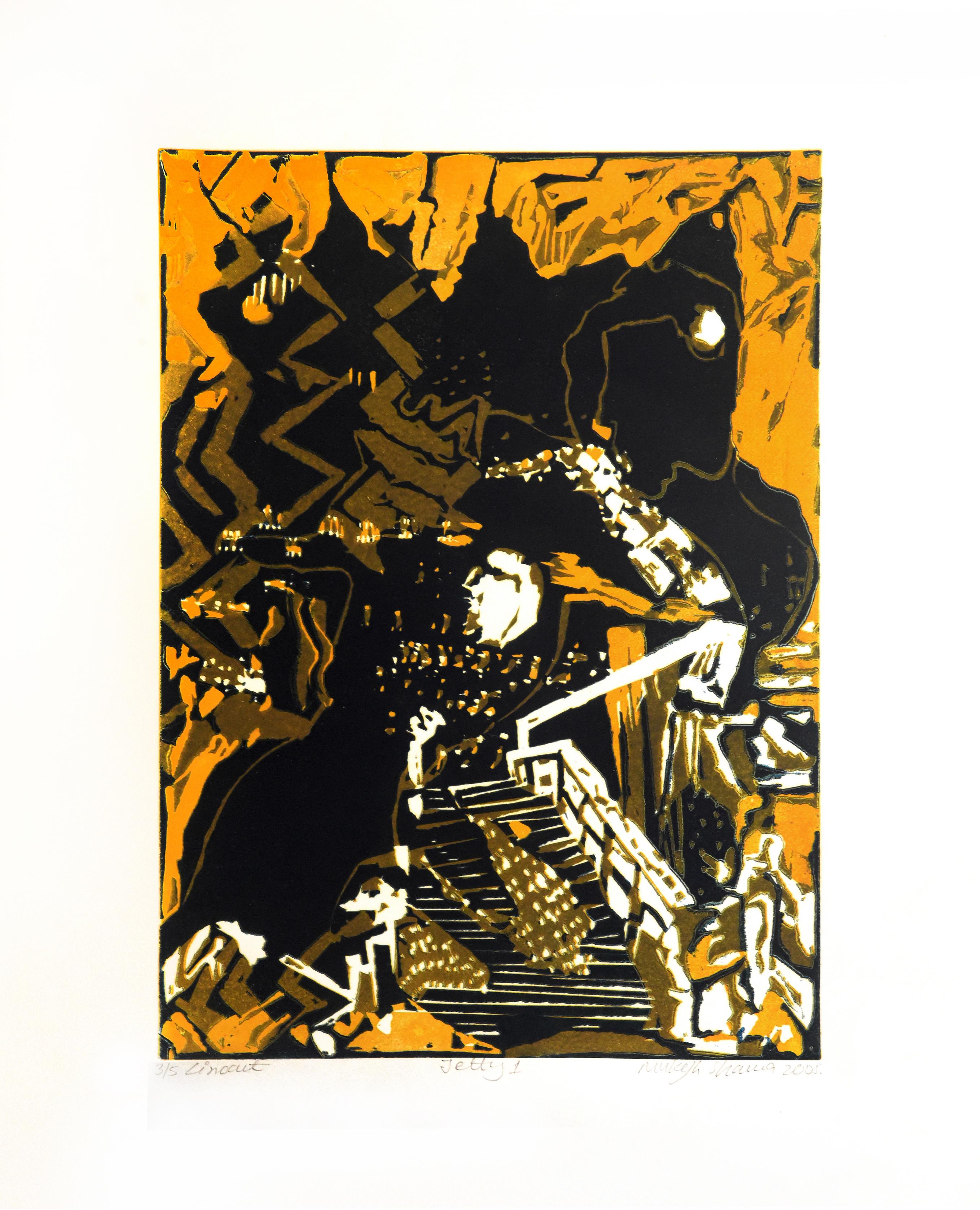 Paisaje abstracto Arte indio Edición 3/5 Grabado linograbado Naturaleza Naranja Australia en venta 3