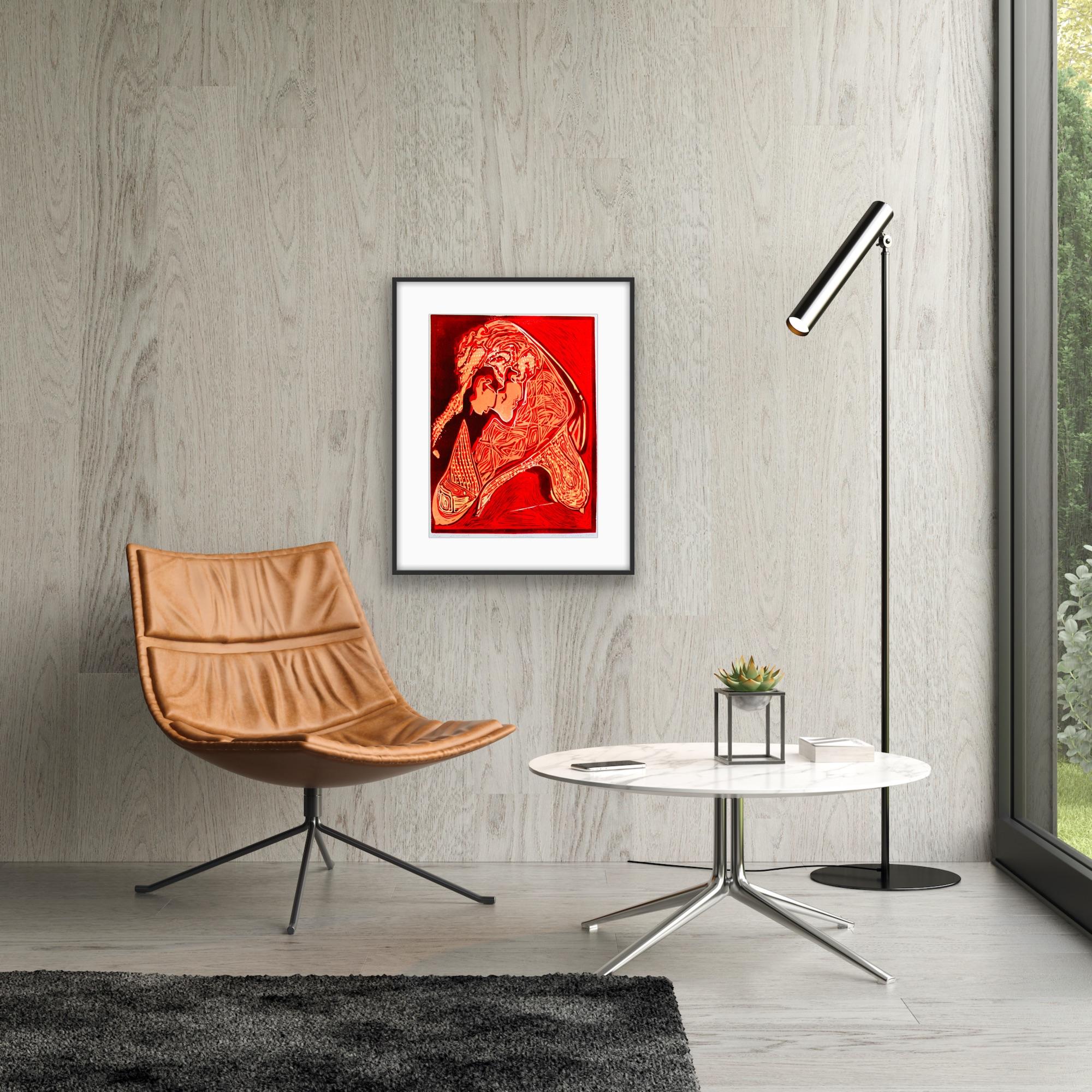 Impresión abstracta India Prueba de artista Linograbado Naturaleza Tierra Amor Rojo Naranja en venta 9